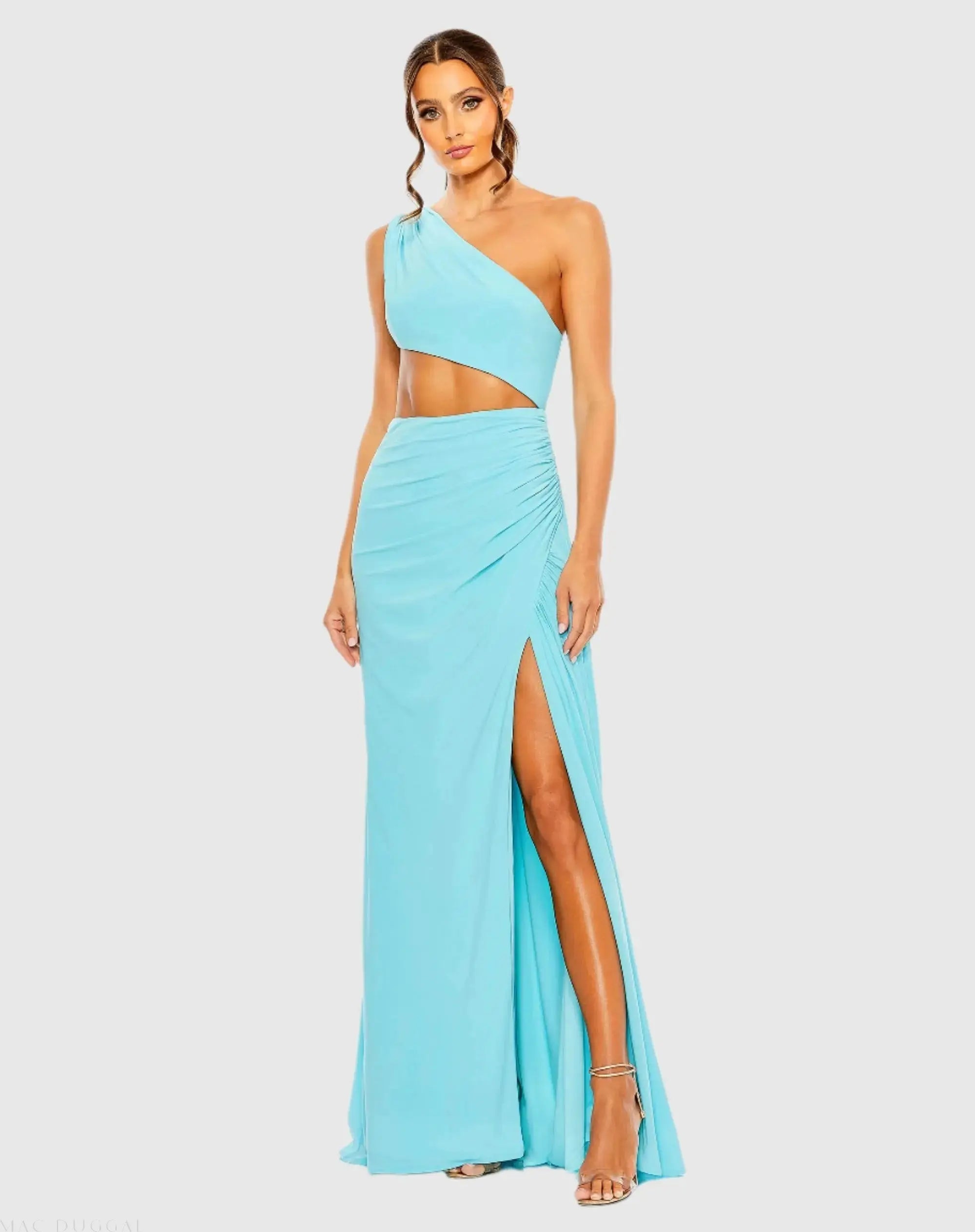 light blue one shoulder maxi dress Cut Out One Shoulder Ruched Back Gown