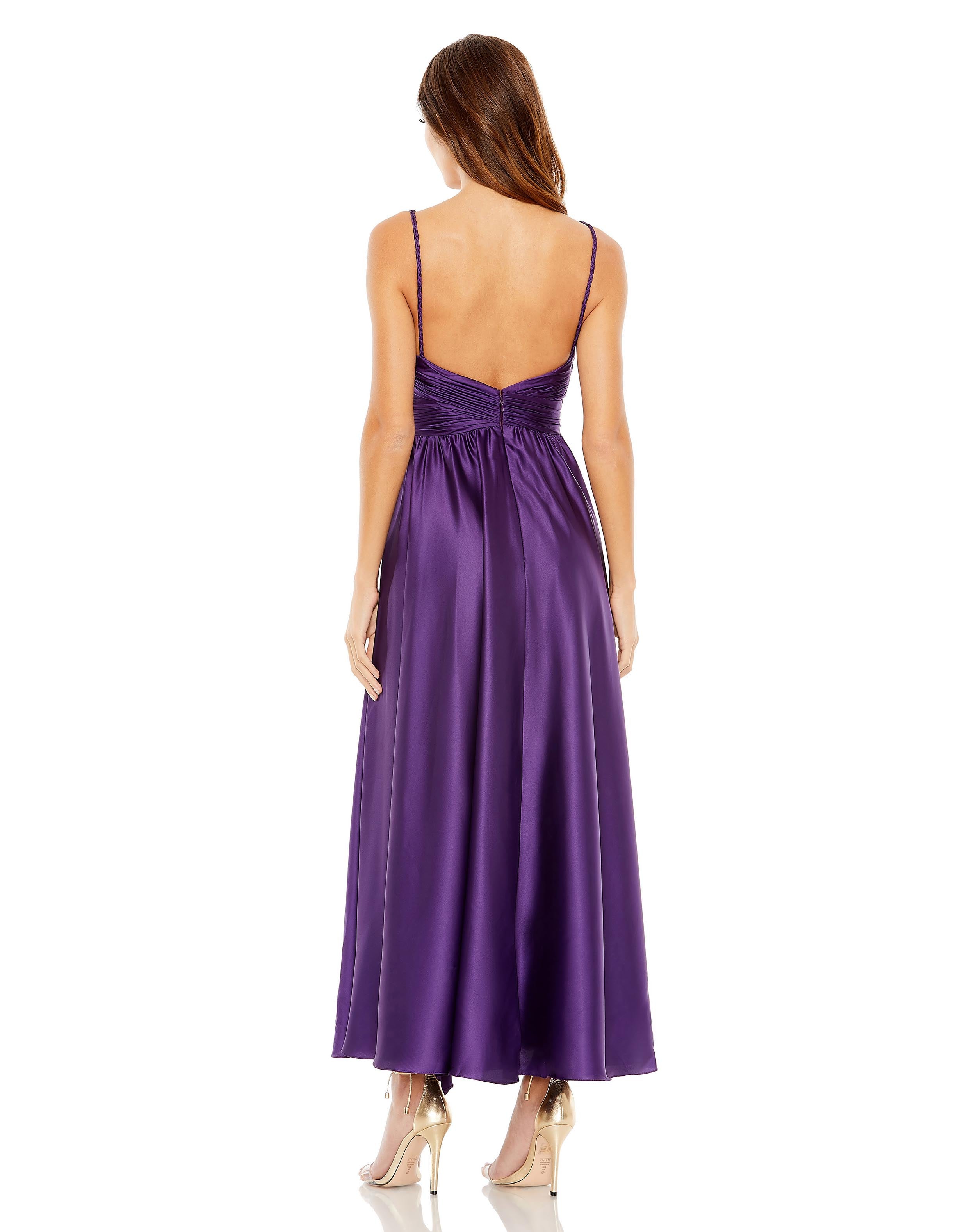 Ruched Top Satin Pleated Tea Length Dress