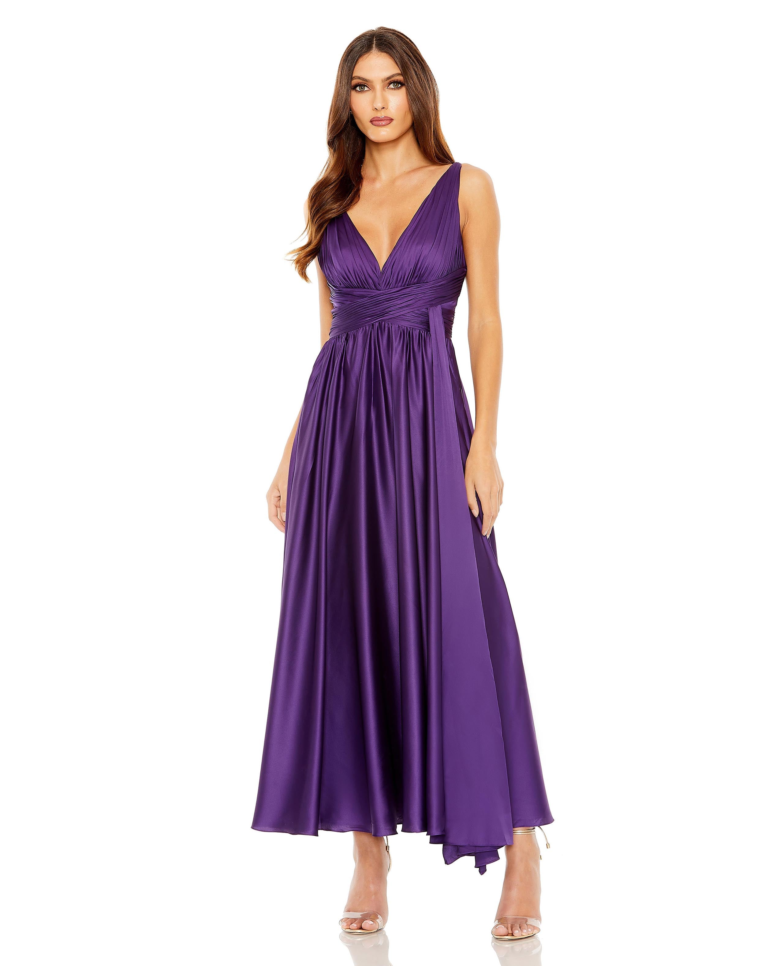 Ruched Top Satin Pleated Tea Length Dress