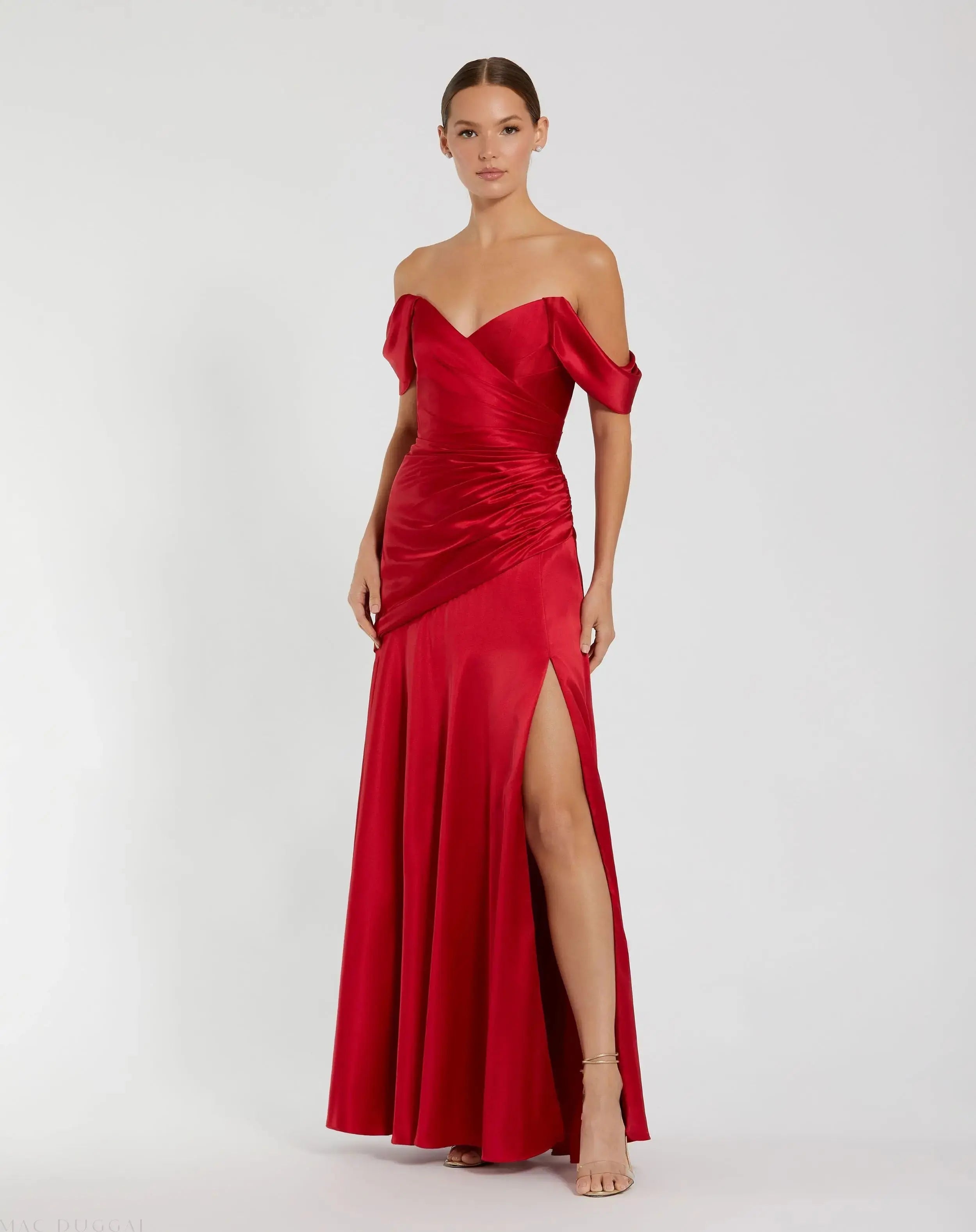 Red Satin Off The Shoulder Crossover Gown - Mac Duggal Red Satin Off The Shoulder Crossover Gown - Mac Duggal