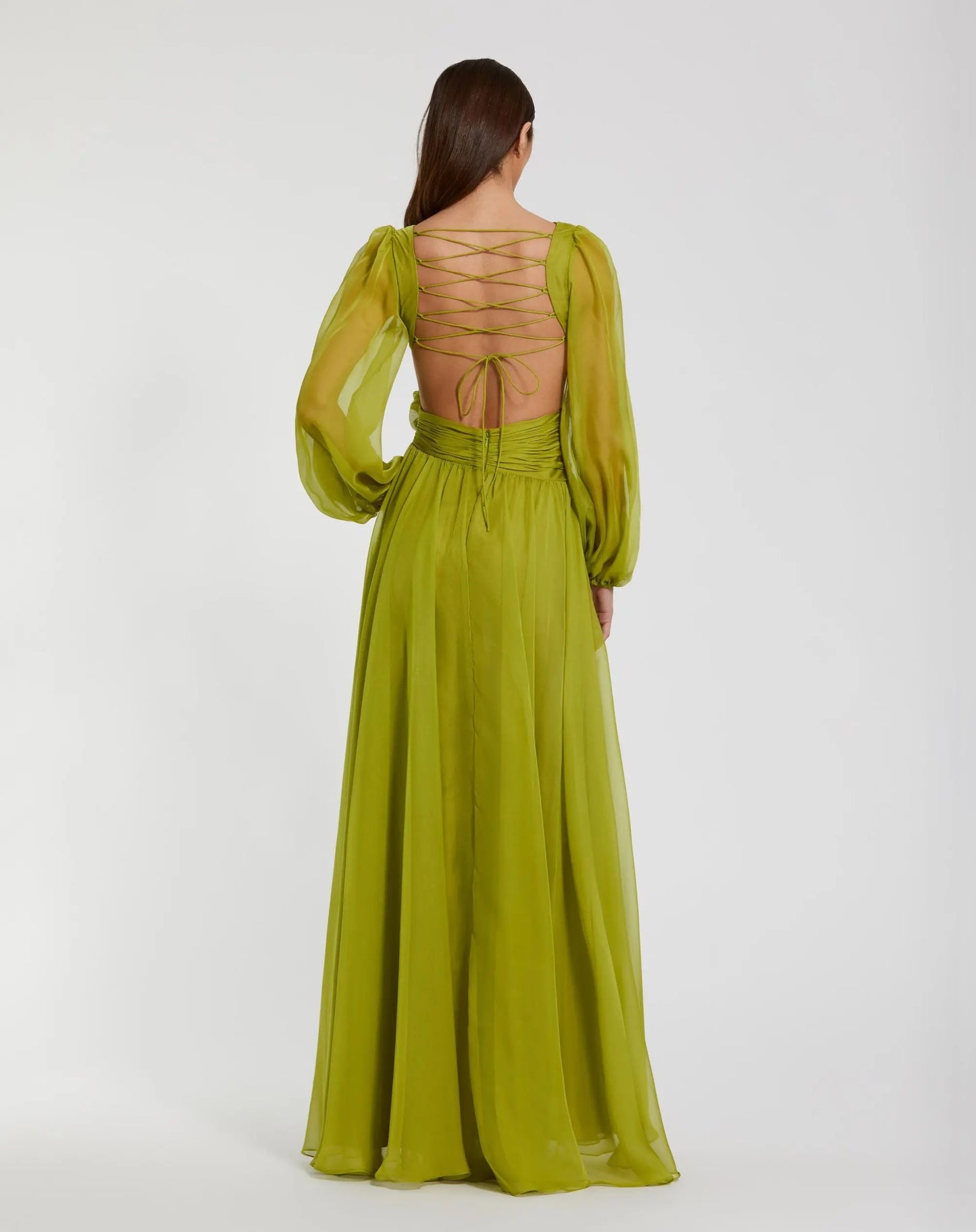 Green Long Sleeve V-Neck Chiffon Gown With 3D Flower - Ieena for Mac Duggal