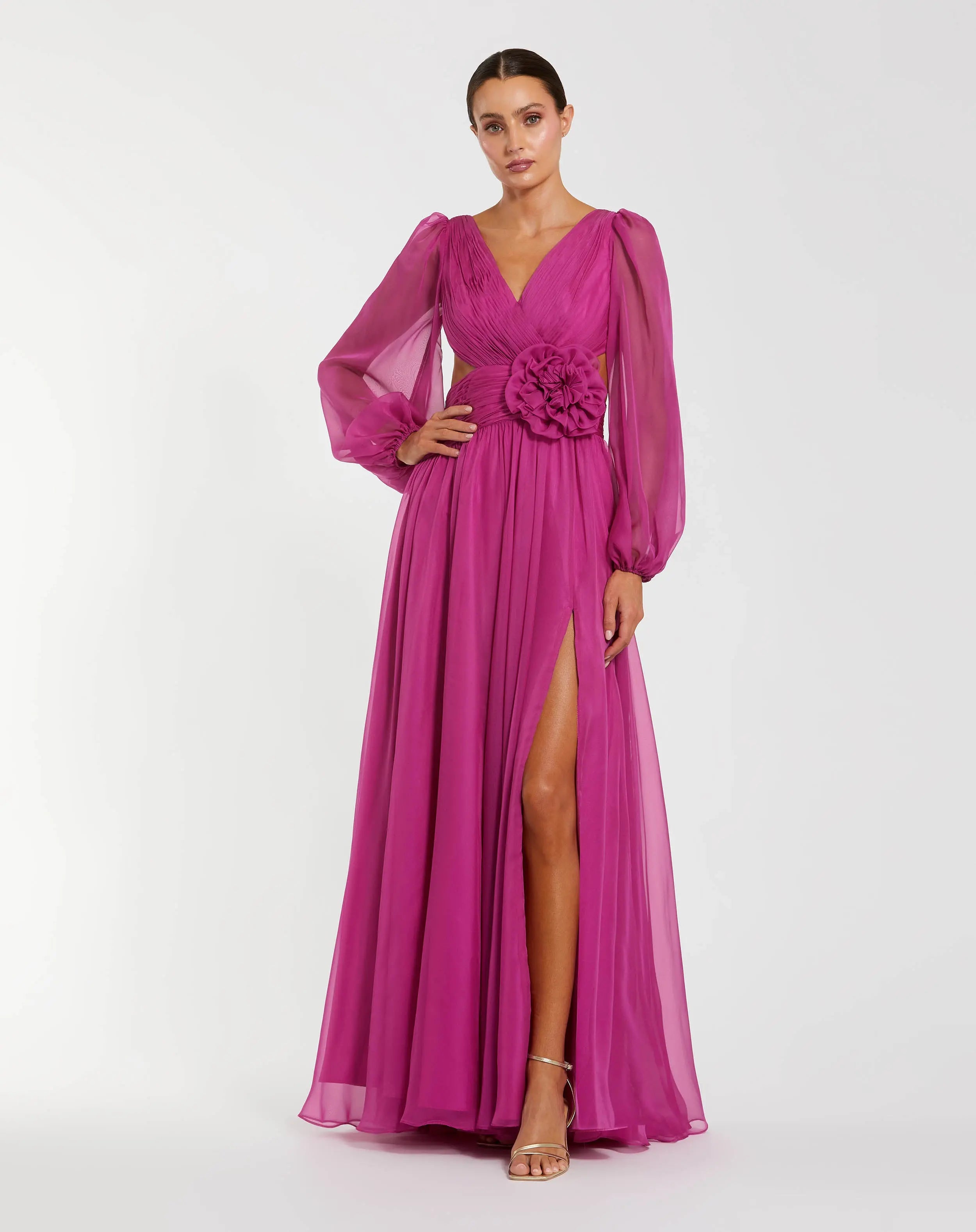 Ieena for Mac Duggal - Pink Long Sleeve V-Neck Chiffon Gown With 3D Flower - US 8