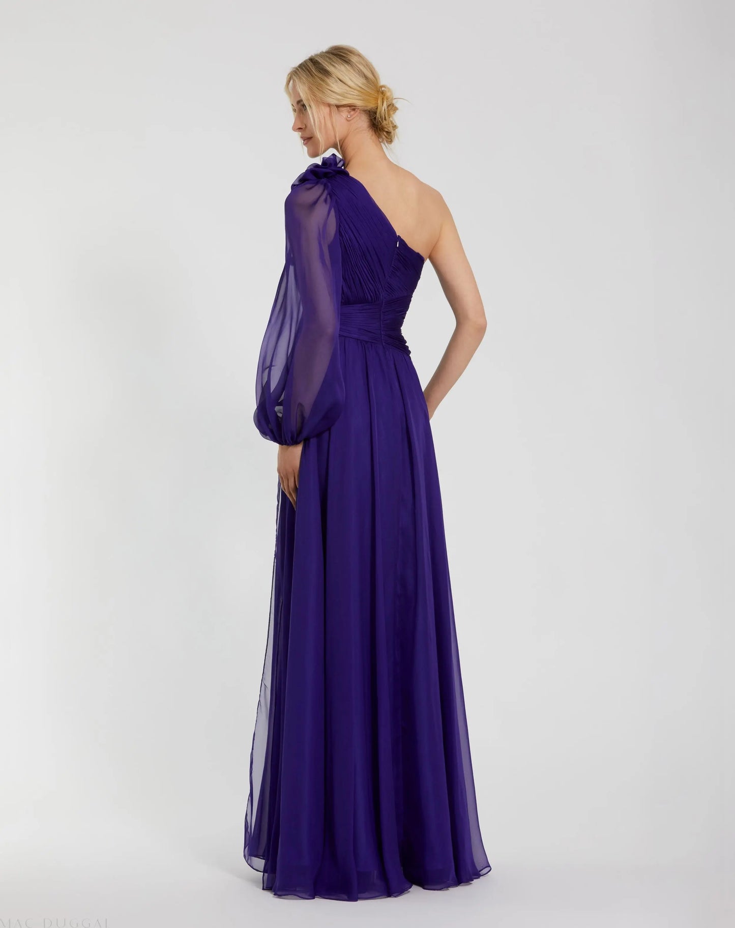 Purple One Sleeve Ruched Chiffon Gown With 3D Flower - Mac Duggal