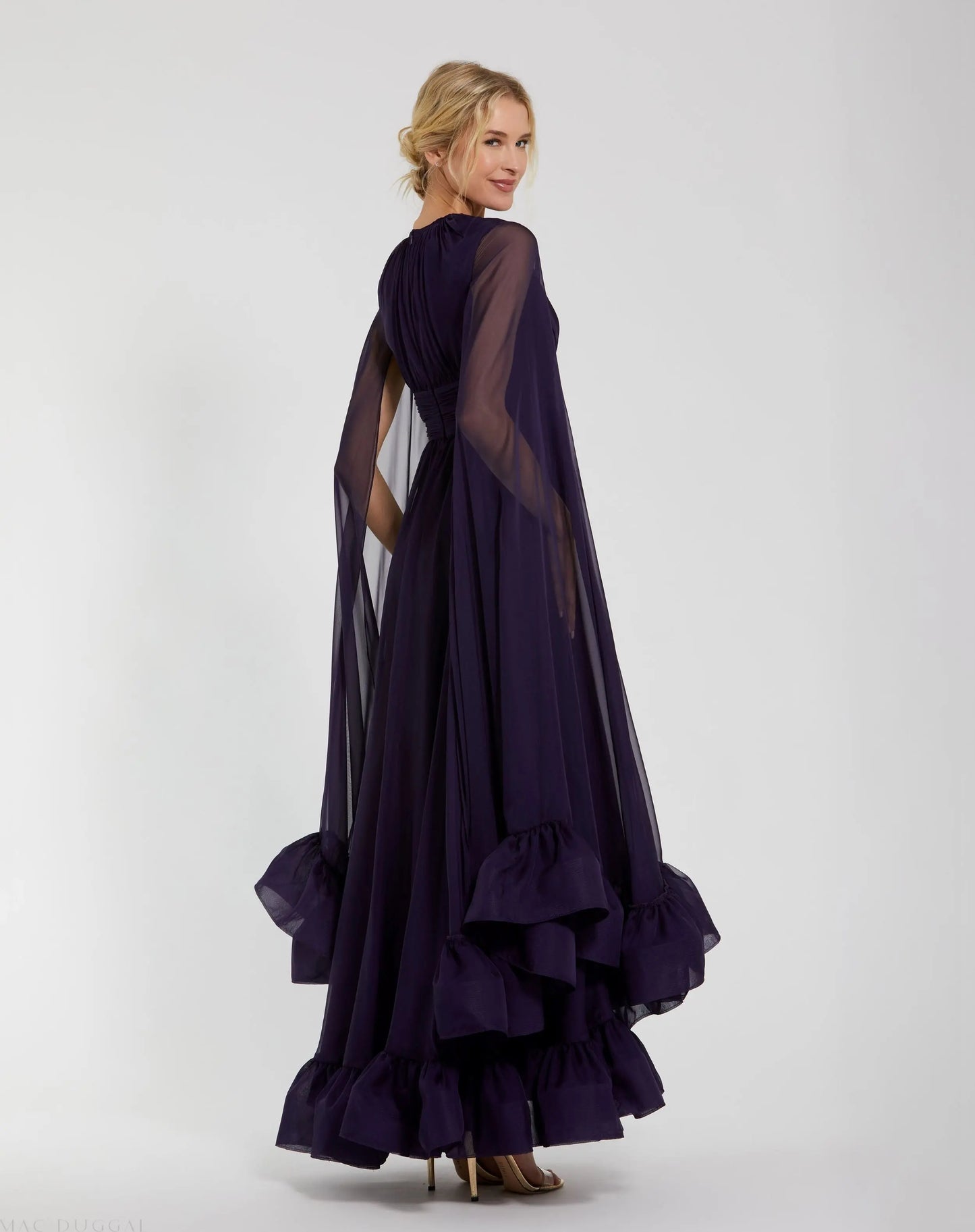 Purple Chiffon Cape Sleeve Ankle-Length Dress With Keyhole - Ieena for Mac Duggal