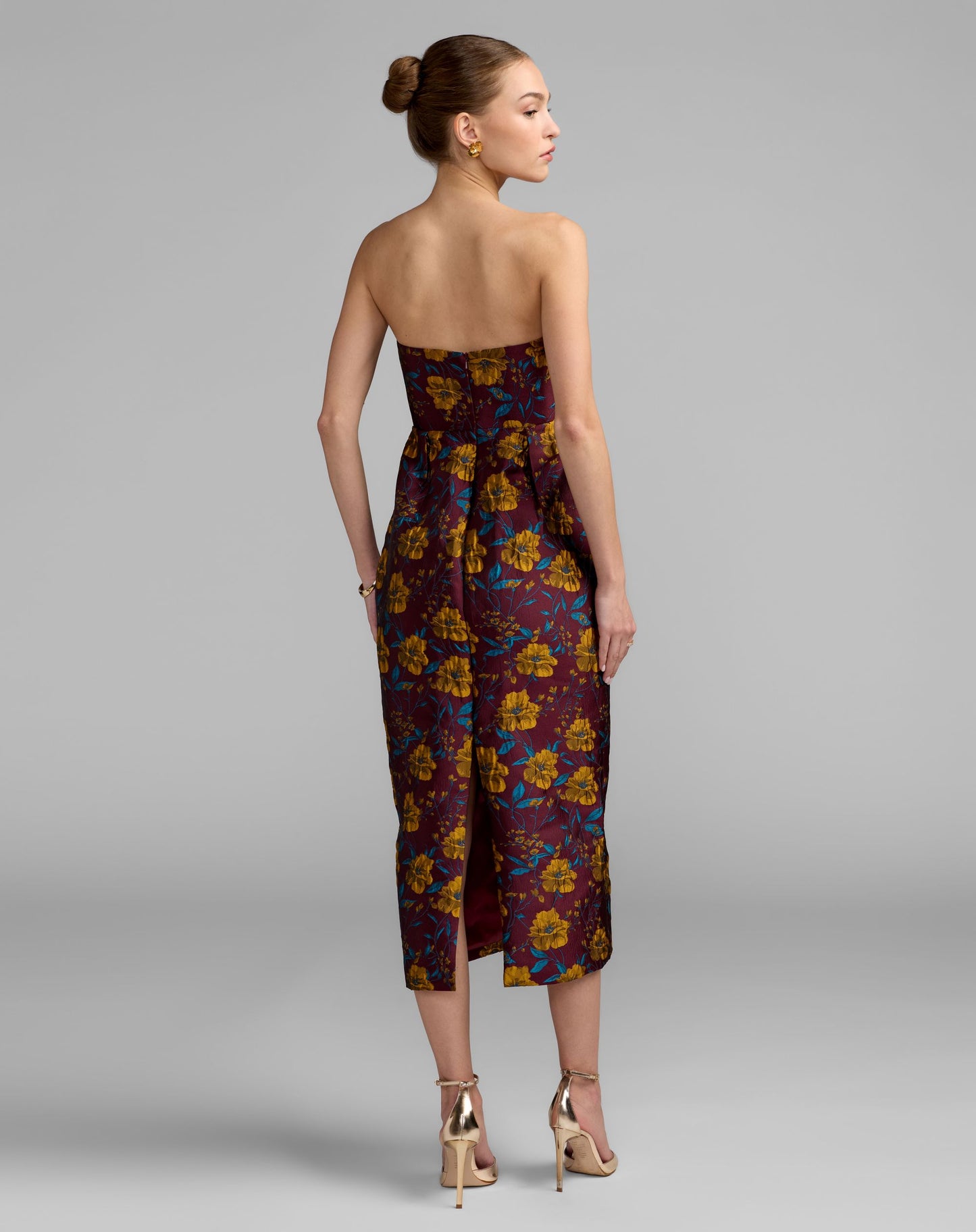 Burgundy Floral Brocade Strapless Fitted Midi Dress - Mac Duggal