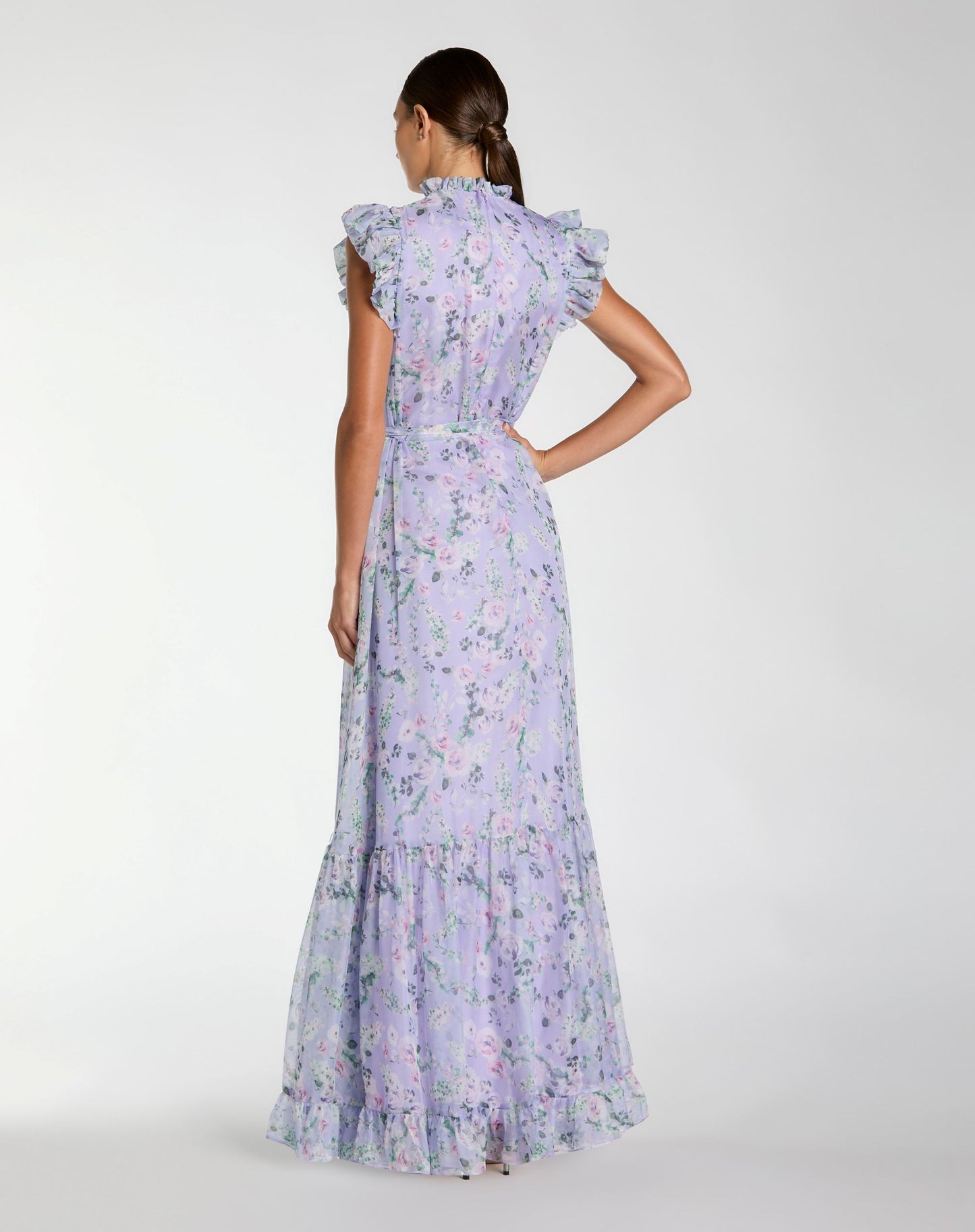 Light Purple Printed Chiffon Ruffle Sleeve Gown With Bow Belt - Ieena for Mac Duggal