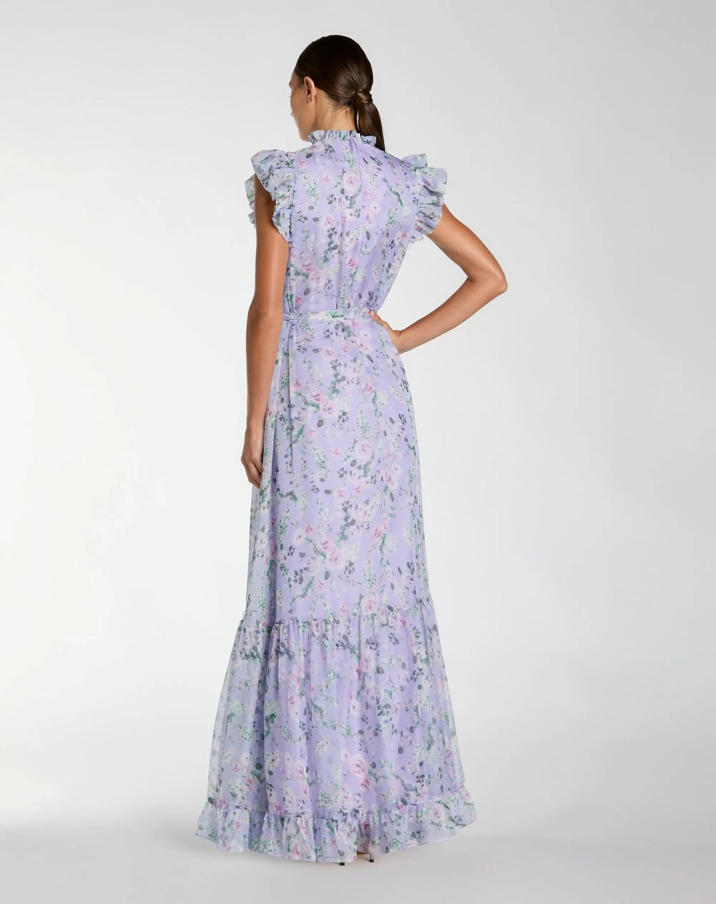 Light Purple Printed Chiffon Ruffle Sleeve Gown With Bow Belt - Ieena for Mac Duggal