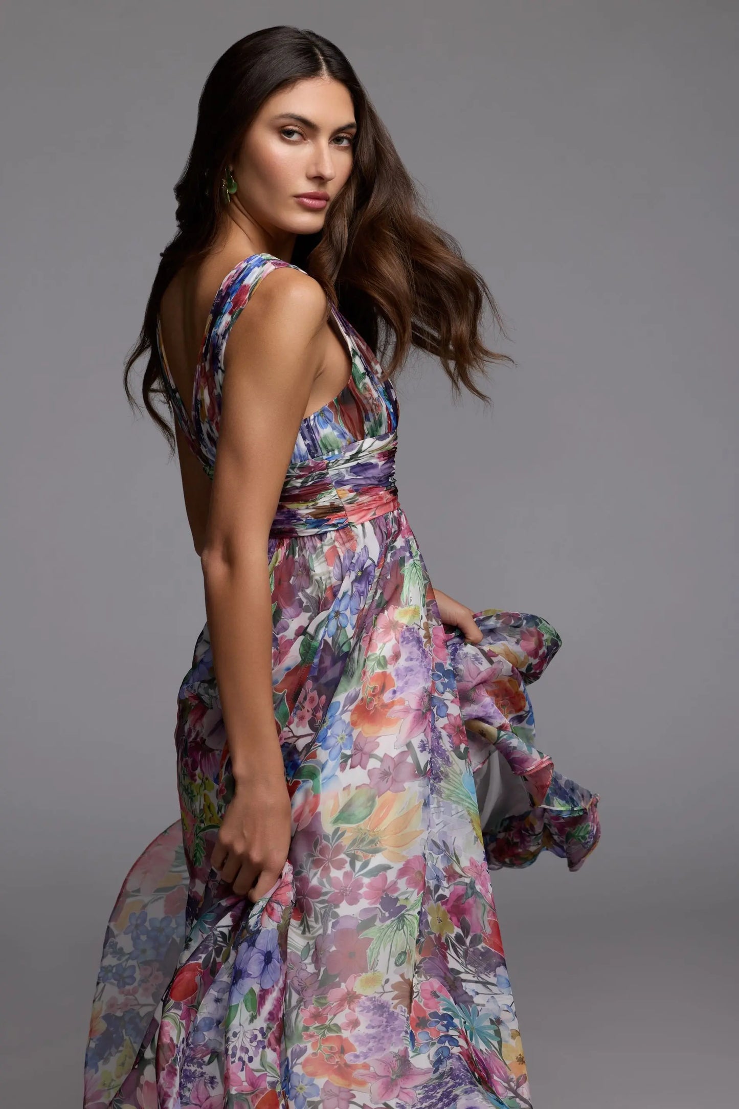 Multicolor Floral Chiffon Gown with Ruffle Slit Ieena for Mac Duggal