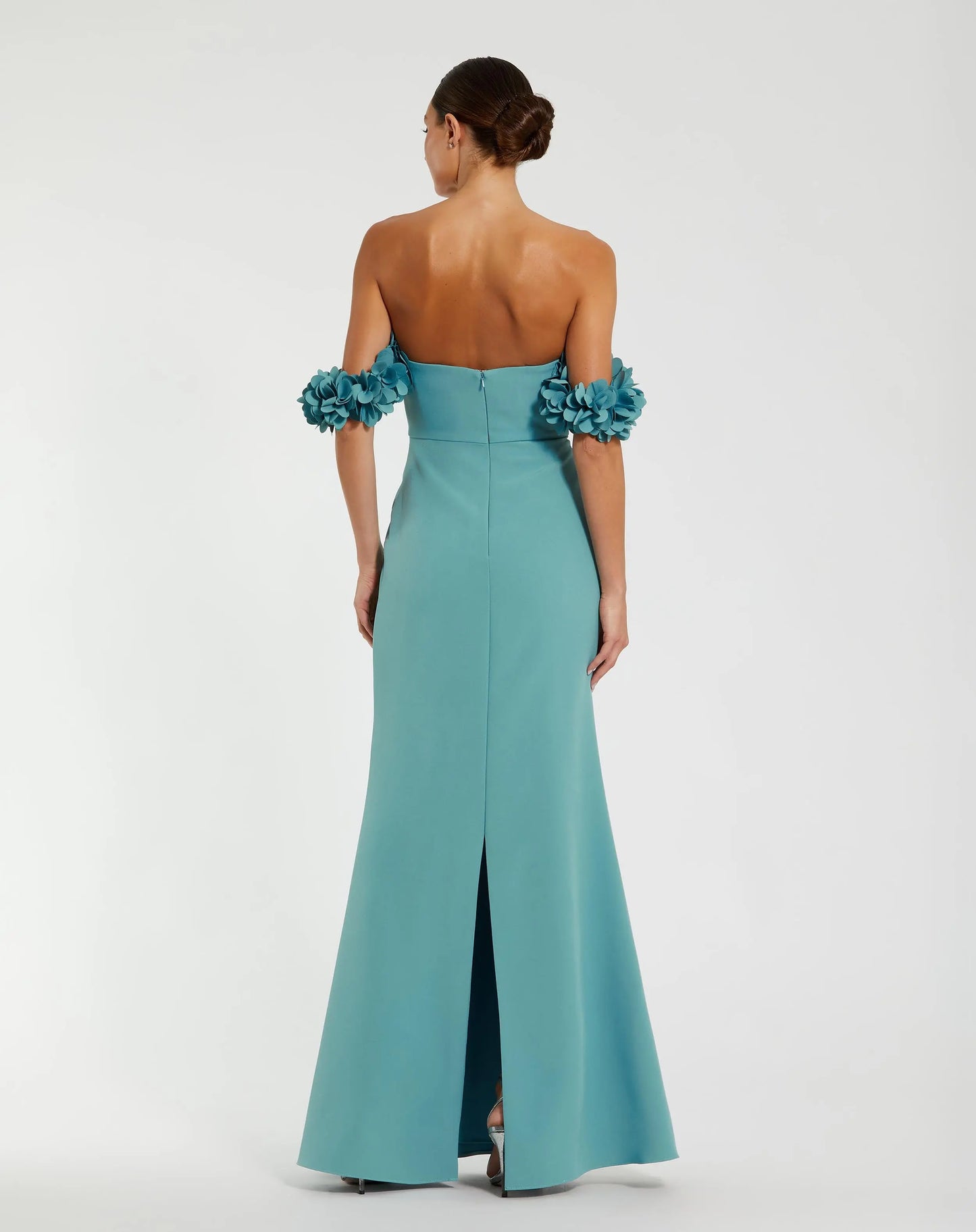 Blue Crepe Off The Shoulder Gown With 3D Flowers - Ieena for Mac Duggal