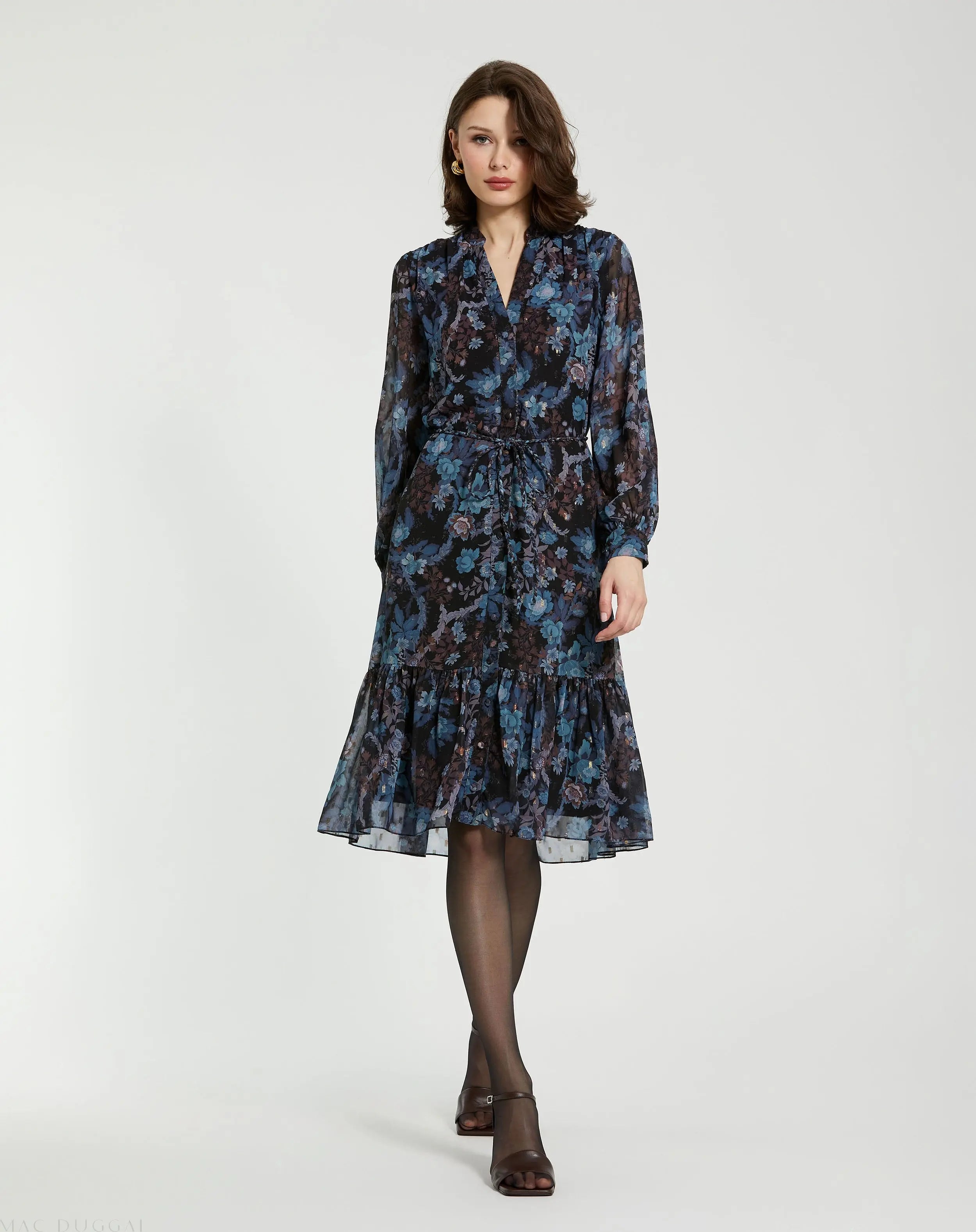 Blue Lurex Chiffon Bishop Sleeve Button Up Midi Dress - Mac Duggal Blue Lurex Chiffon Bishop Sleeve Button Up Midi Dress - Mac Duggal