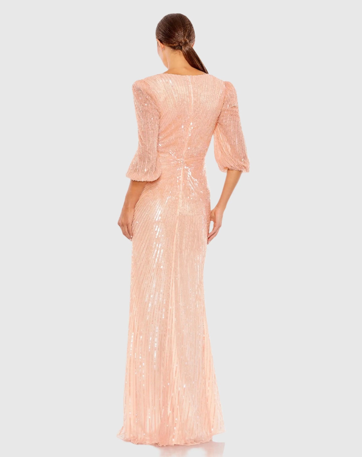 Sequined Faux Wrap Puff Sleeve Gown - Mac Duggal