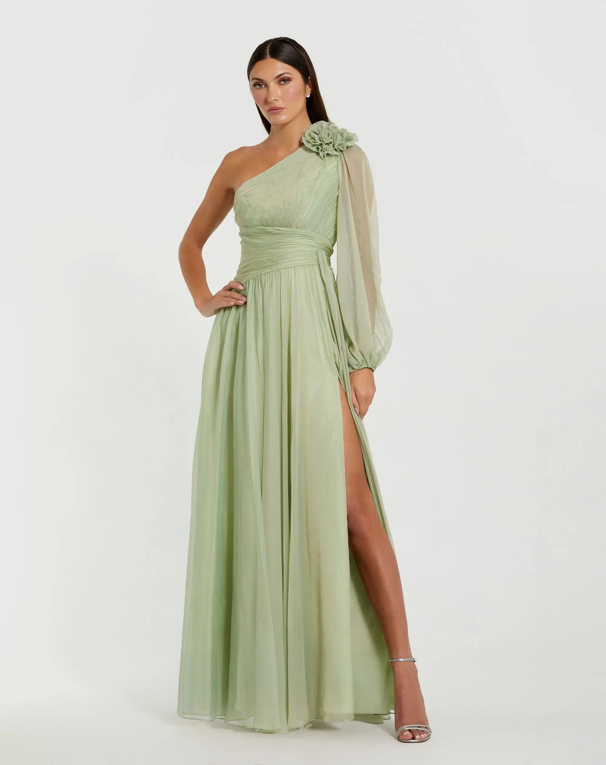 mac duggal sage green dress Sage Green One Shoulder 3D Flower Gown With Slit