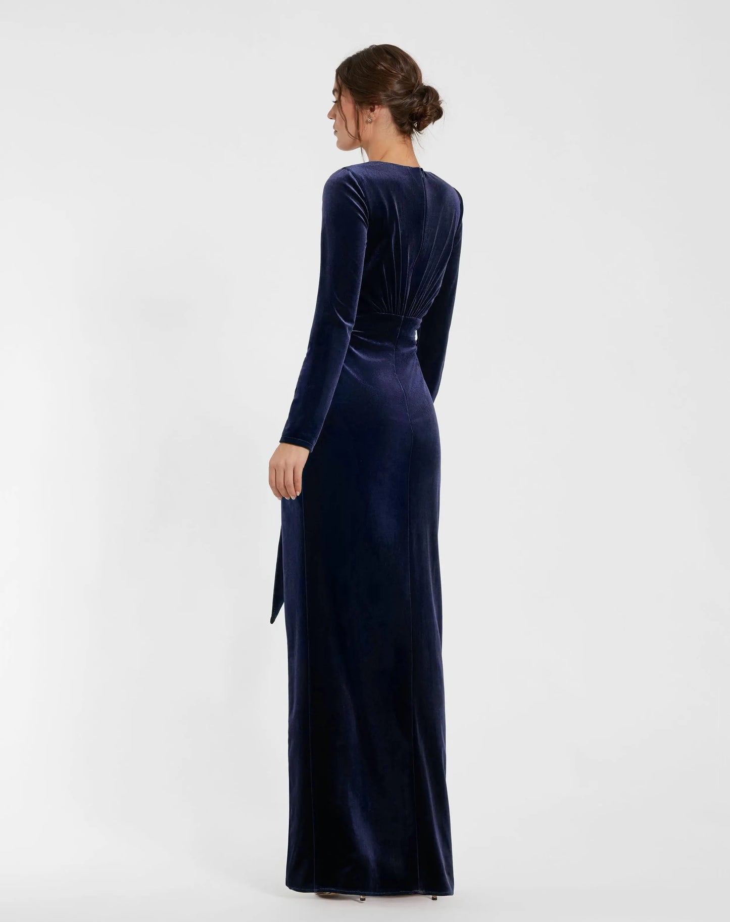 Dark Blue Ruched Velvet Column Evening Gown - Mac Duggal
