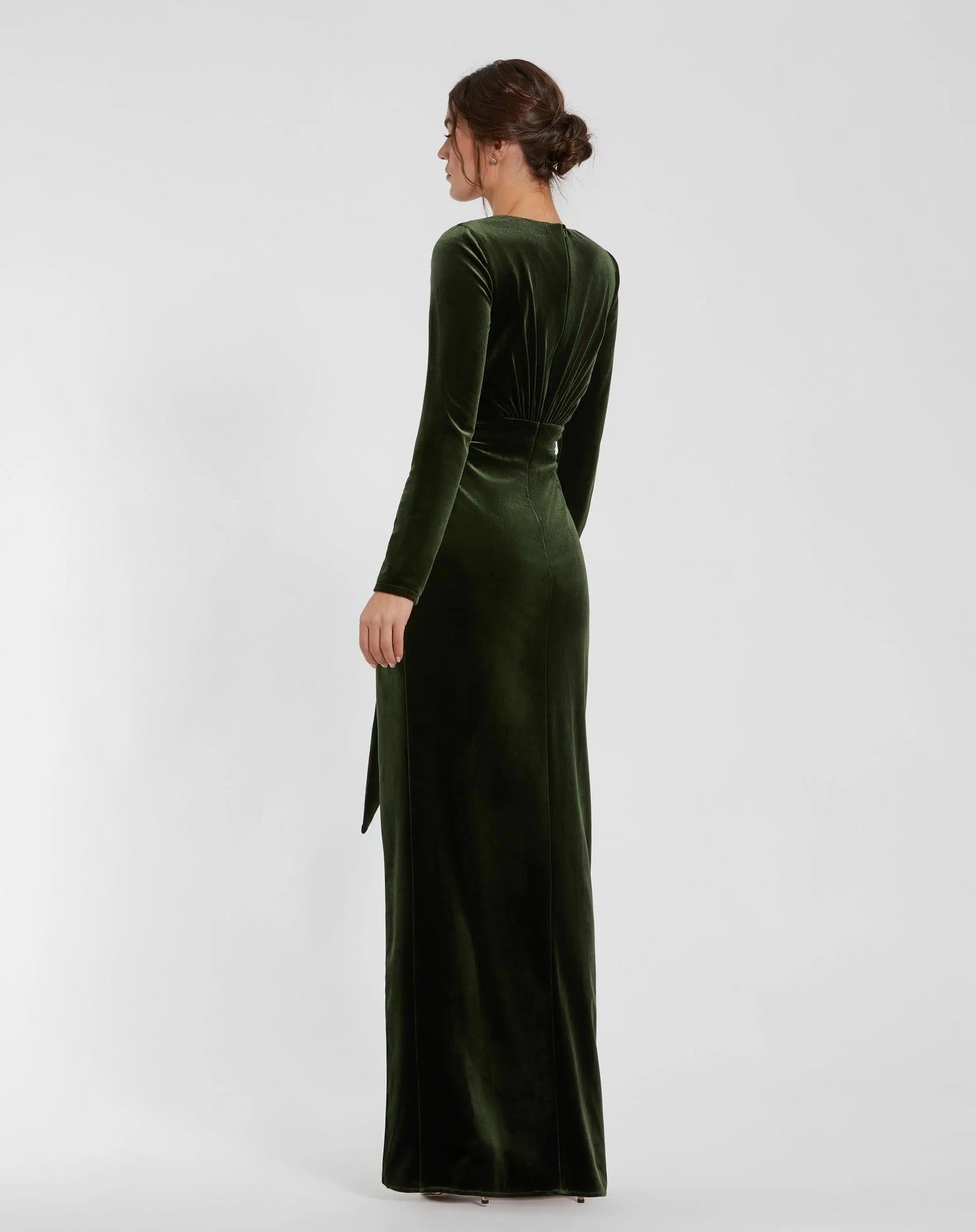 Green Ruched Velvet Column Evening Gown - Ieena for Mac Duggal