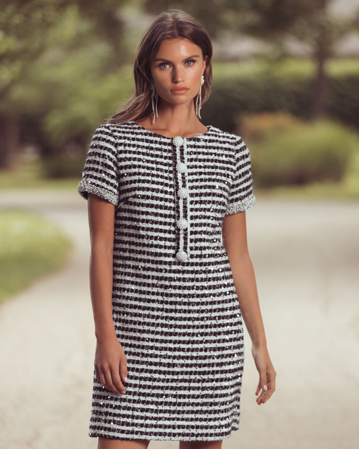 Black and White Striped Button Up Boucle Mini Dress - Mac Duggal