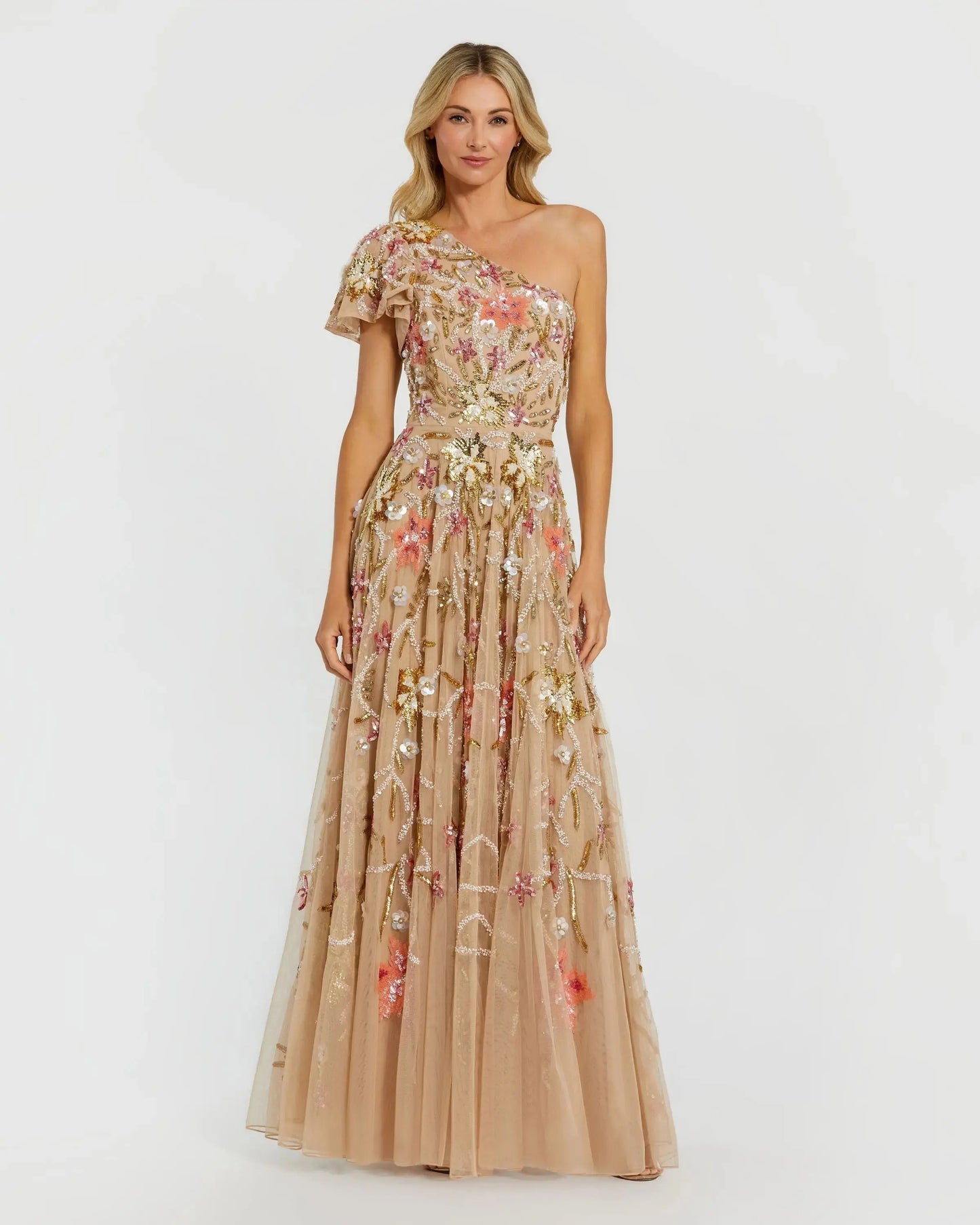 One Shoulder Floral Sequined Embellished Gown - Mac Duggal