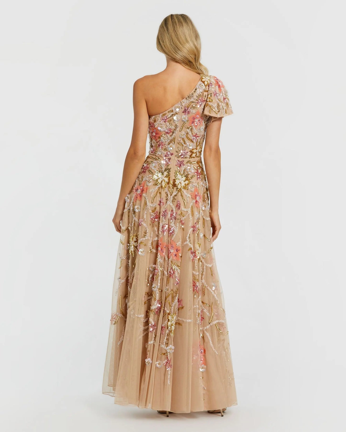 One Shoulder Floral Sequined Embellished Gown - Mac Duggal