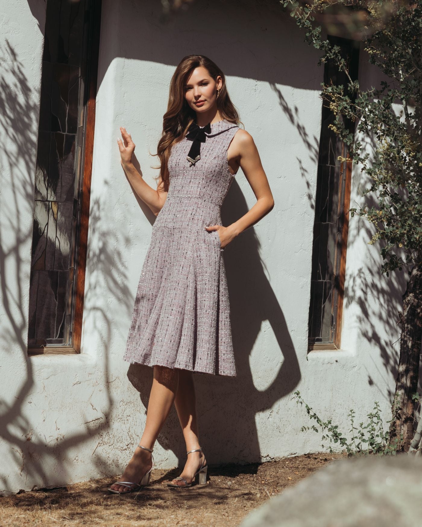 Purple Sleeveless Boucle A-Line Midi Dress With Bow - Ieena for Mac Duggal