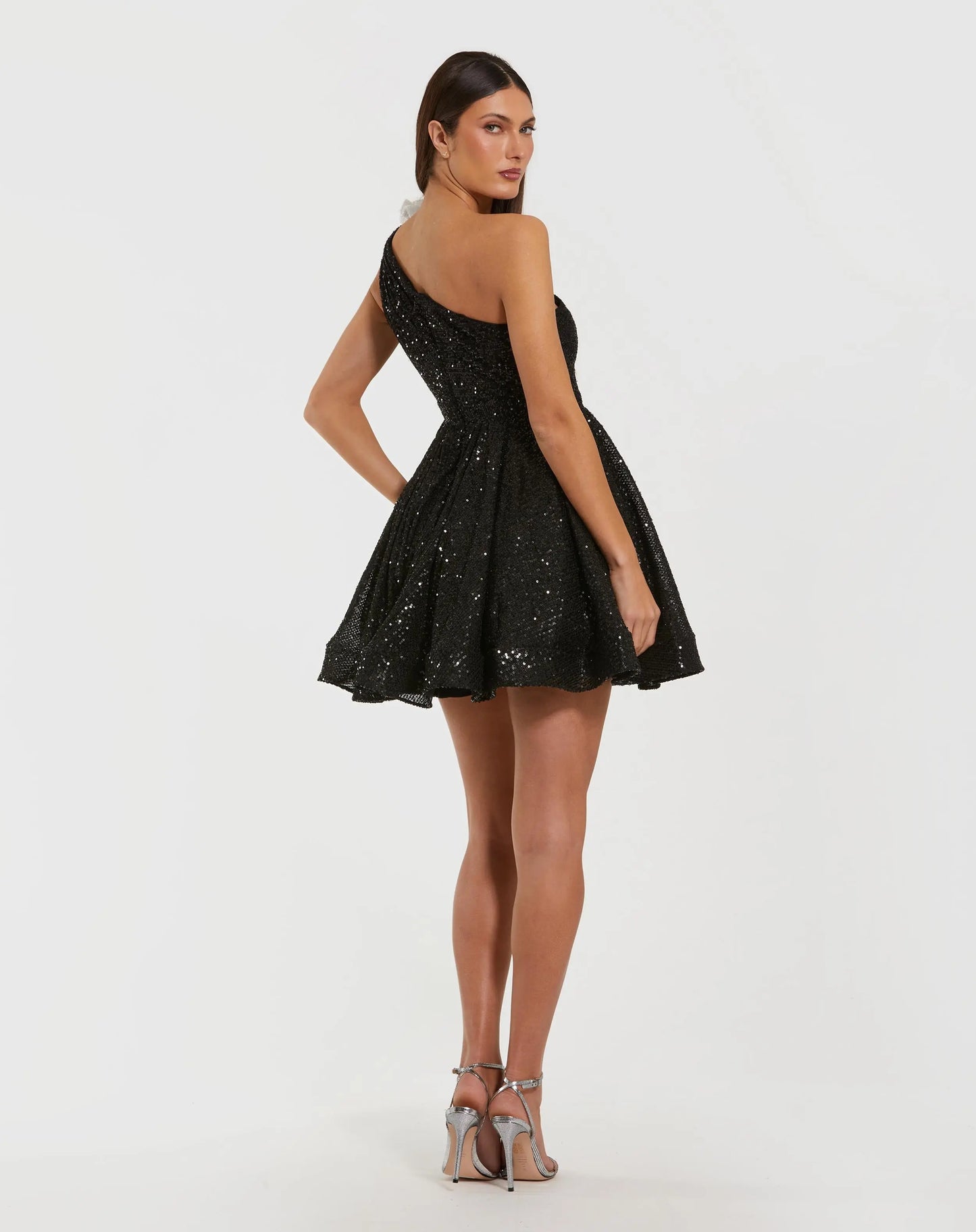 Black One Shoulder Sequin Mini Dress With 3D Flower - Ieena for Mac Duggal