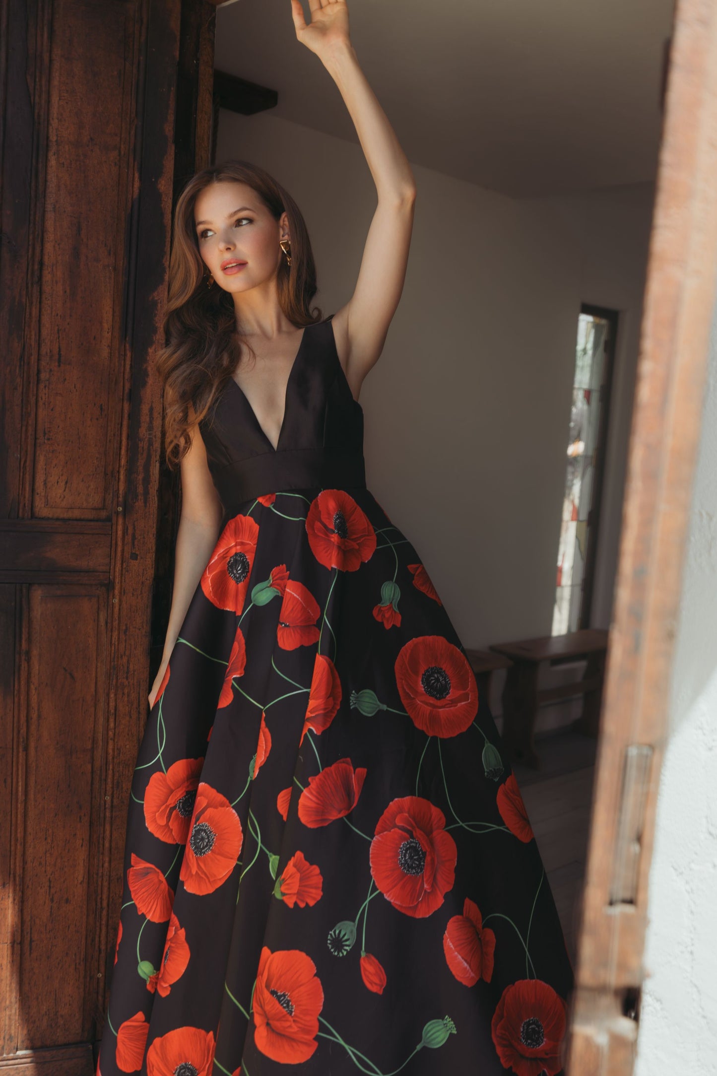Black Plunge Neck Ballgown With Floral Mikado Skirt - Ieena for Mac Duggal