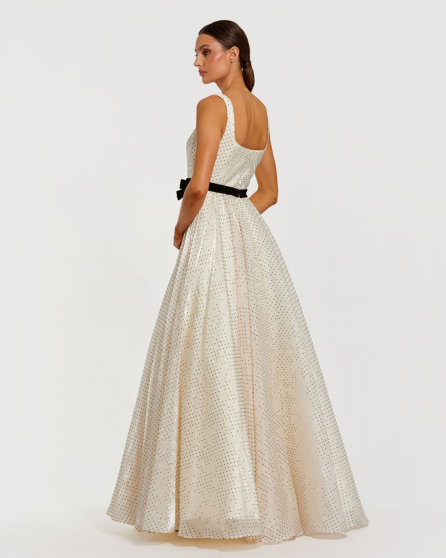 Ivory Polka Dot Square Neck Ball Gown with Bow