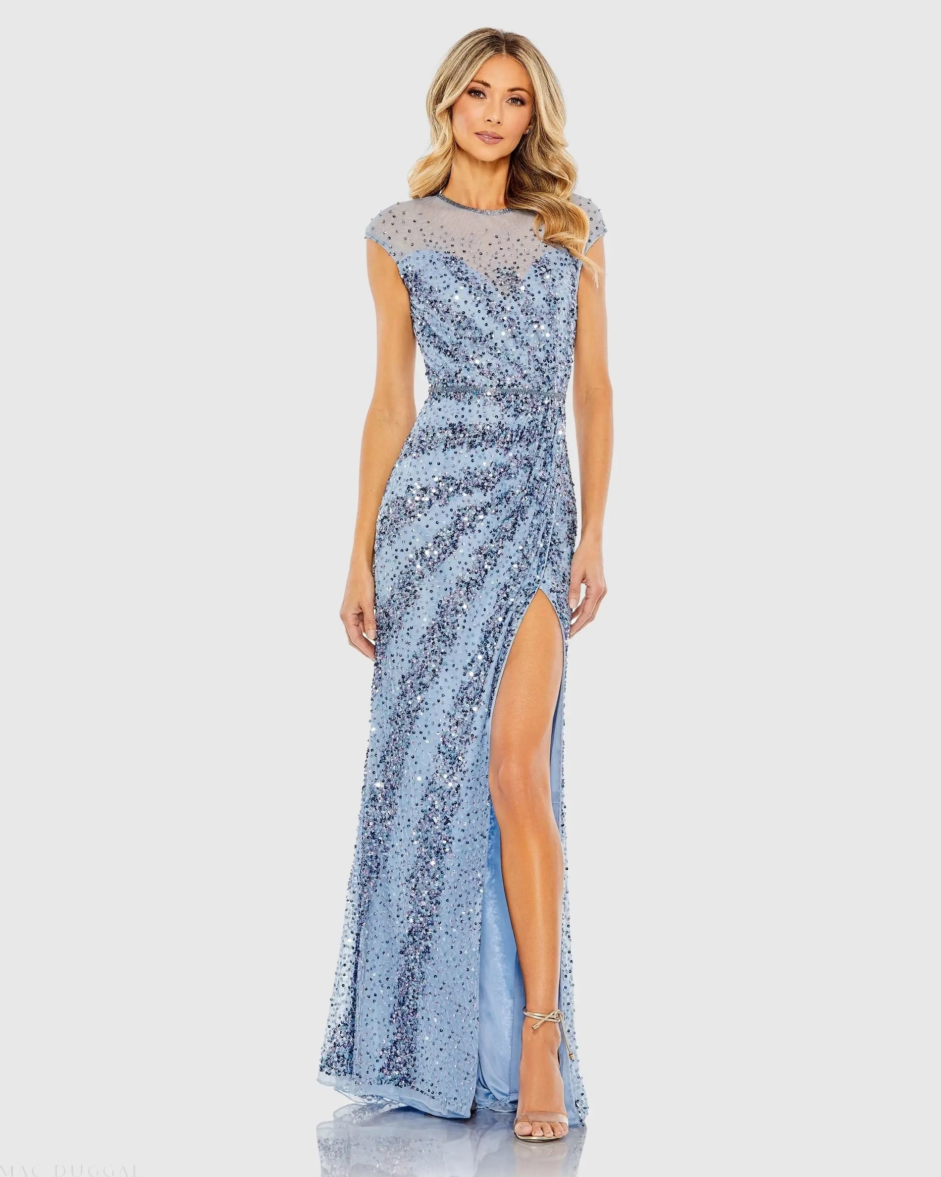 Mac Duggal Embellished Illusion High Neck Cap Sleeve Gown, Size 14, French Blue Mac Duggal Embellished Illusion High Neck Cap Sleeve Gown, Size 14, French Blue