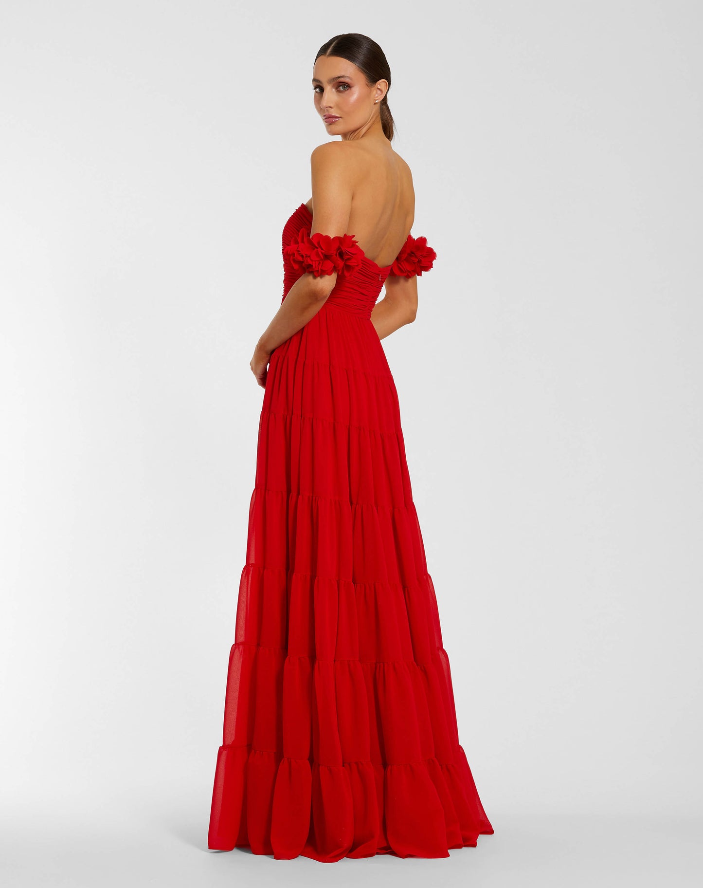 Red Off The Shoulder Tiered Gown With 3D Flowers Ieena for Mac Duggal