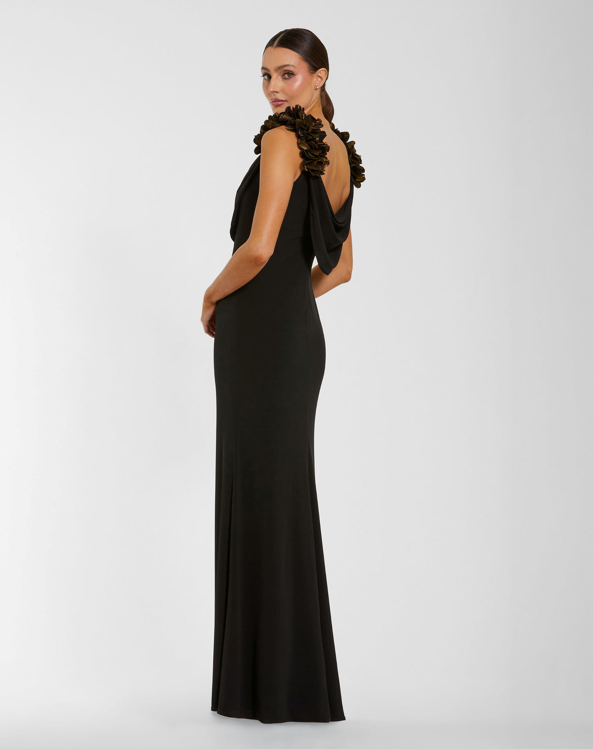 Black Cowl Neck Jersey Gown With 3D Flower Straps - Ieena for Mac Duggal