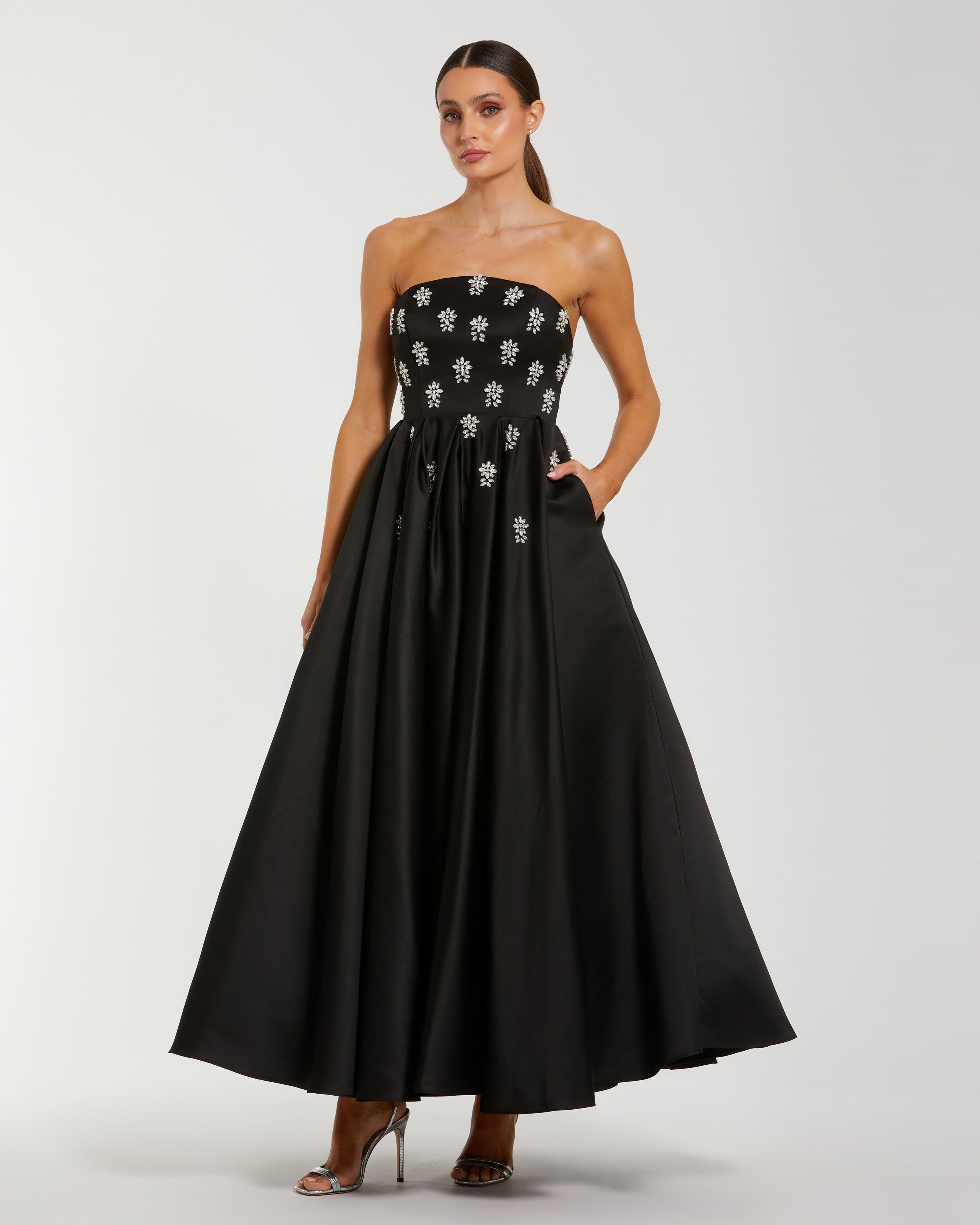 Crystal-Embellished Strapless Gown with Choker – Black main image 1