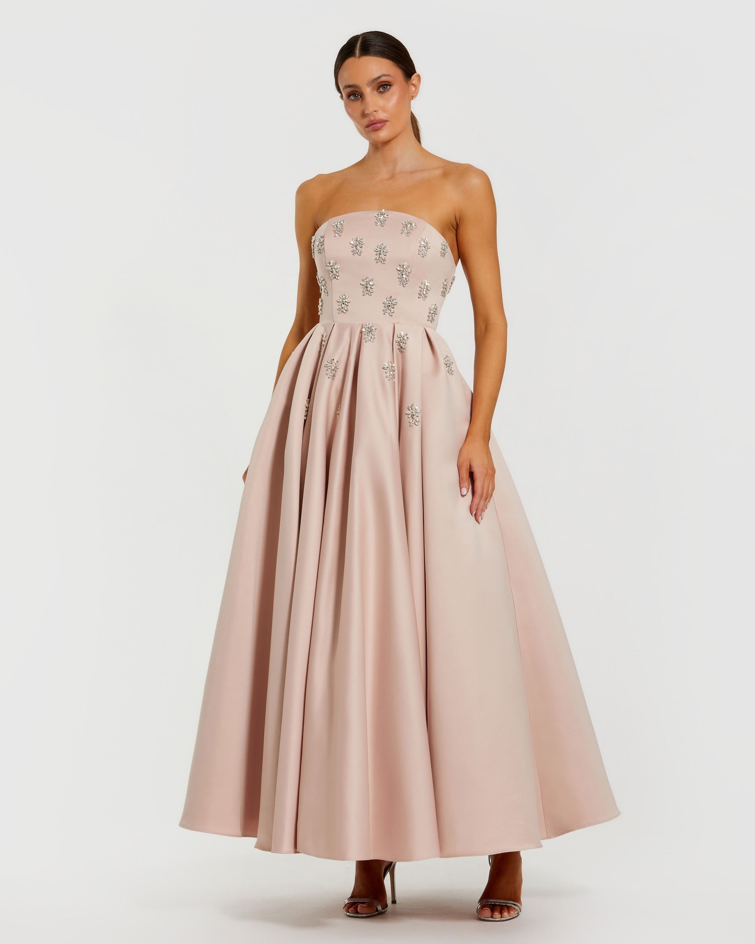 Pink Crystal Embellished Strapless Satin A-Line Dress | Mac Duggal