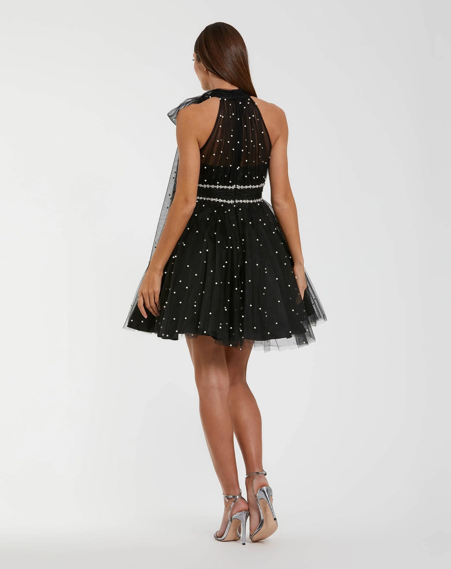 Black Pearl Embellished A Line Mini Dress with Bow - Ieena for Mac Duggal