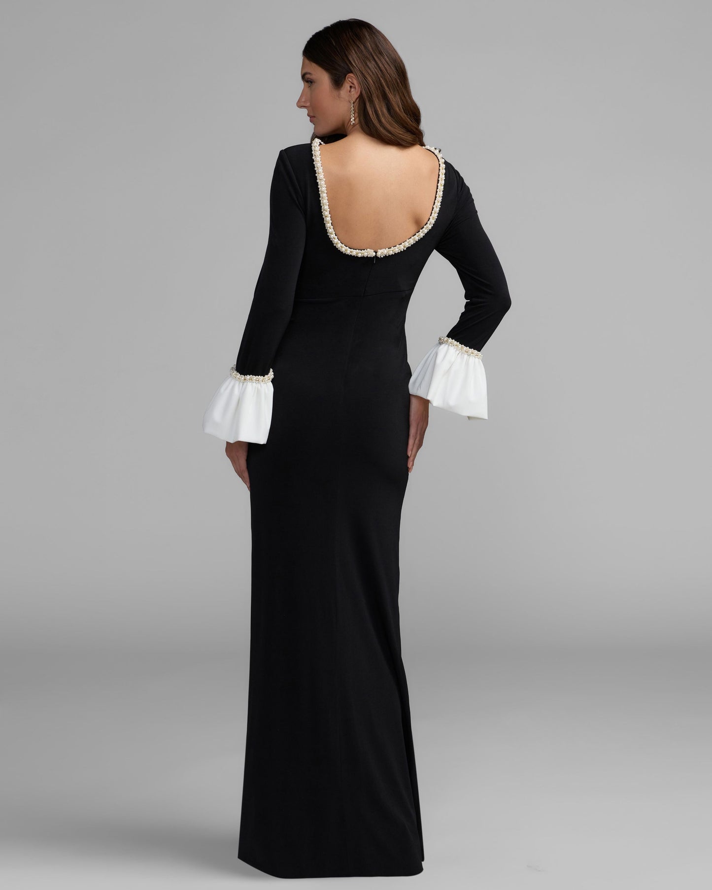 Black Pearl Trim Long Sleeve Gown Ieena for Mac Duggal