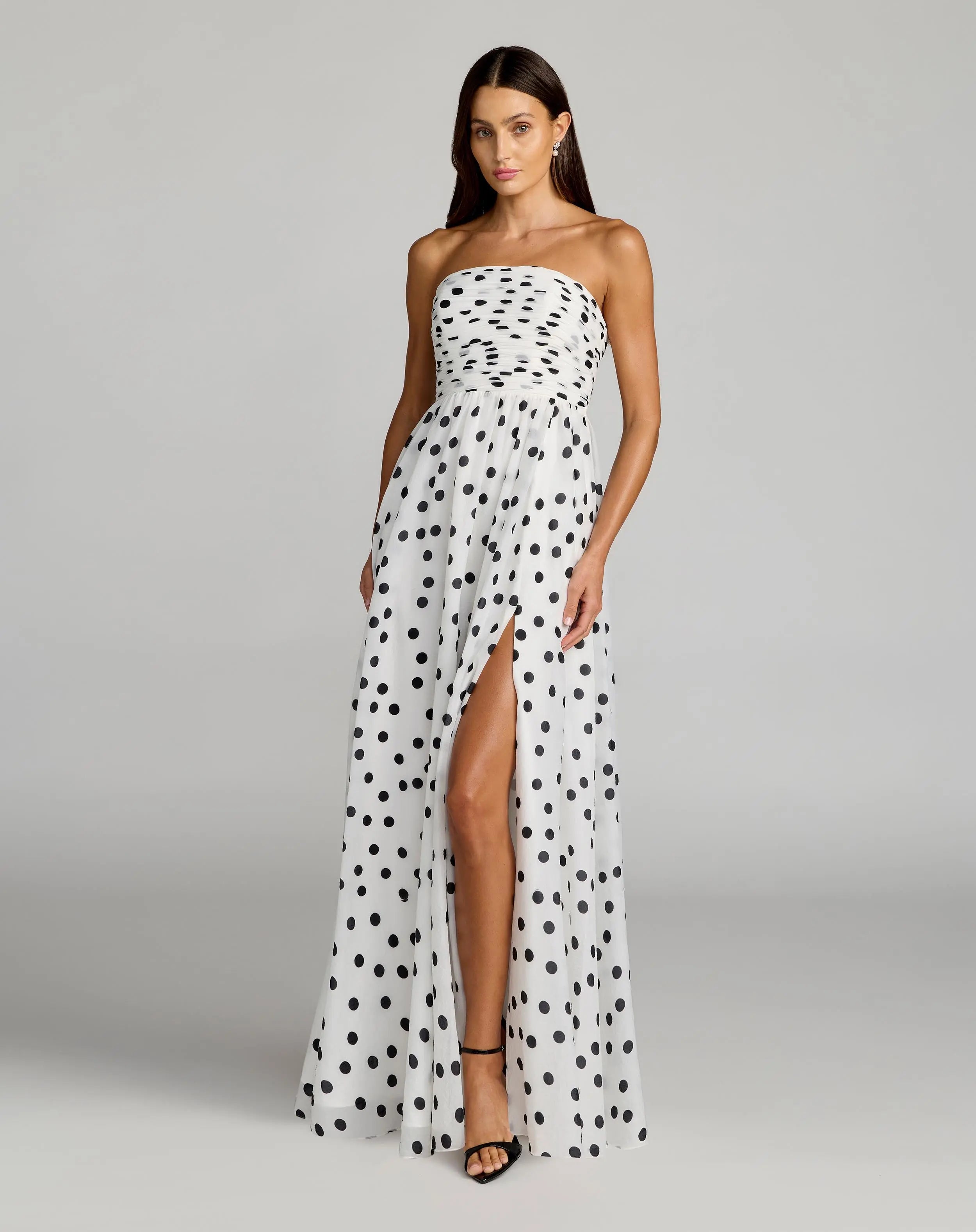 White Polka Dot Strapless Viscose Gown With Slit | Mac Duggal White Polka Dot Strapless Viscose Gown With Slit | Mac Duggal