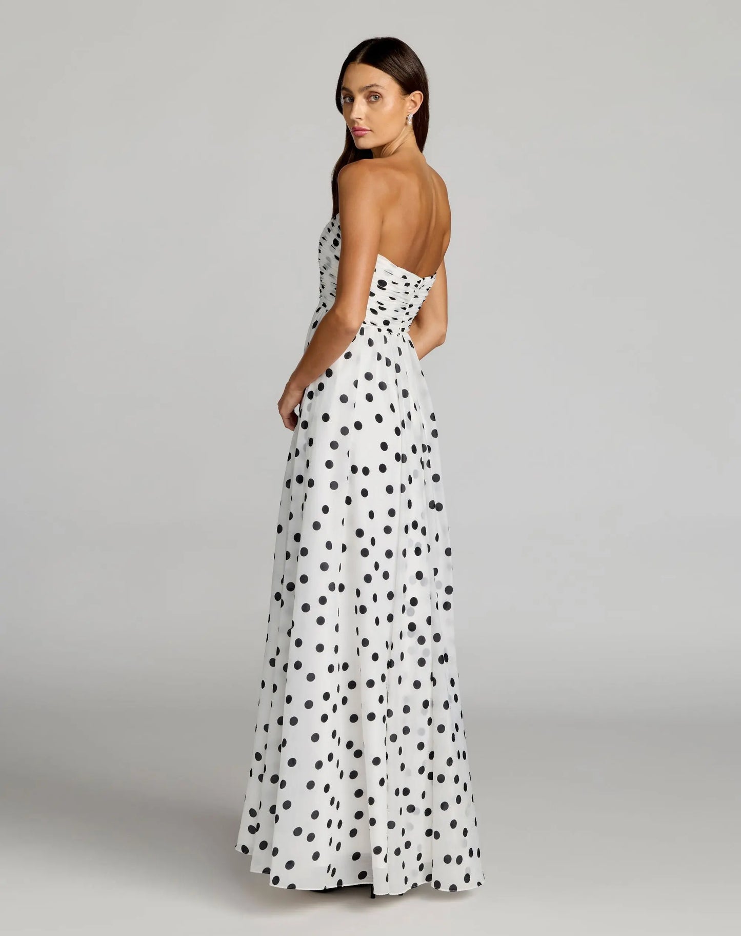 White Polka Dot Strapless Viscose Gown With Slit - Ieena for Mac Duggal