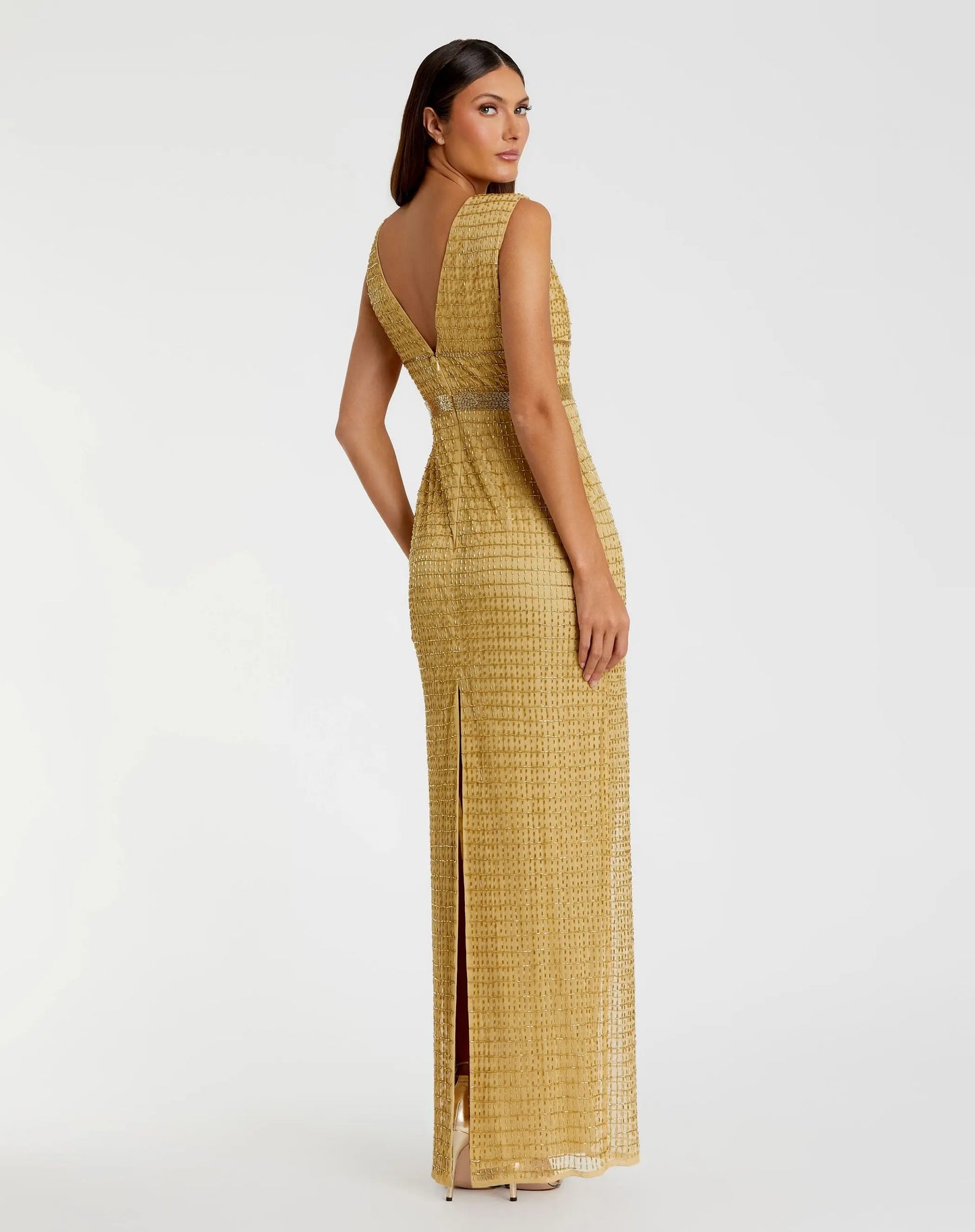 Gold Beaded Cap Sleeve V Neck Column Gown - Mac Duggal
