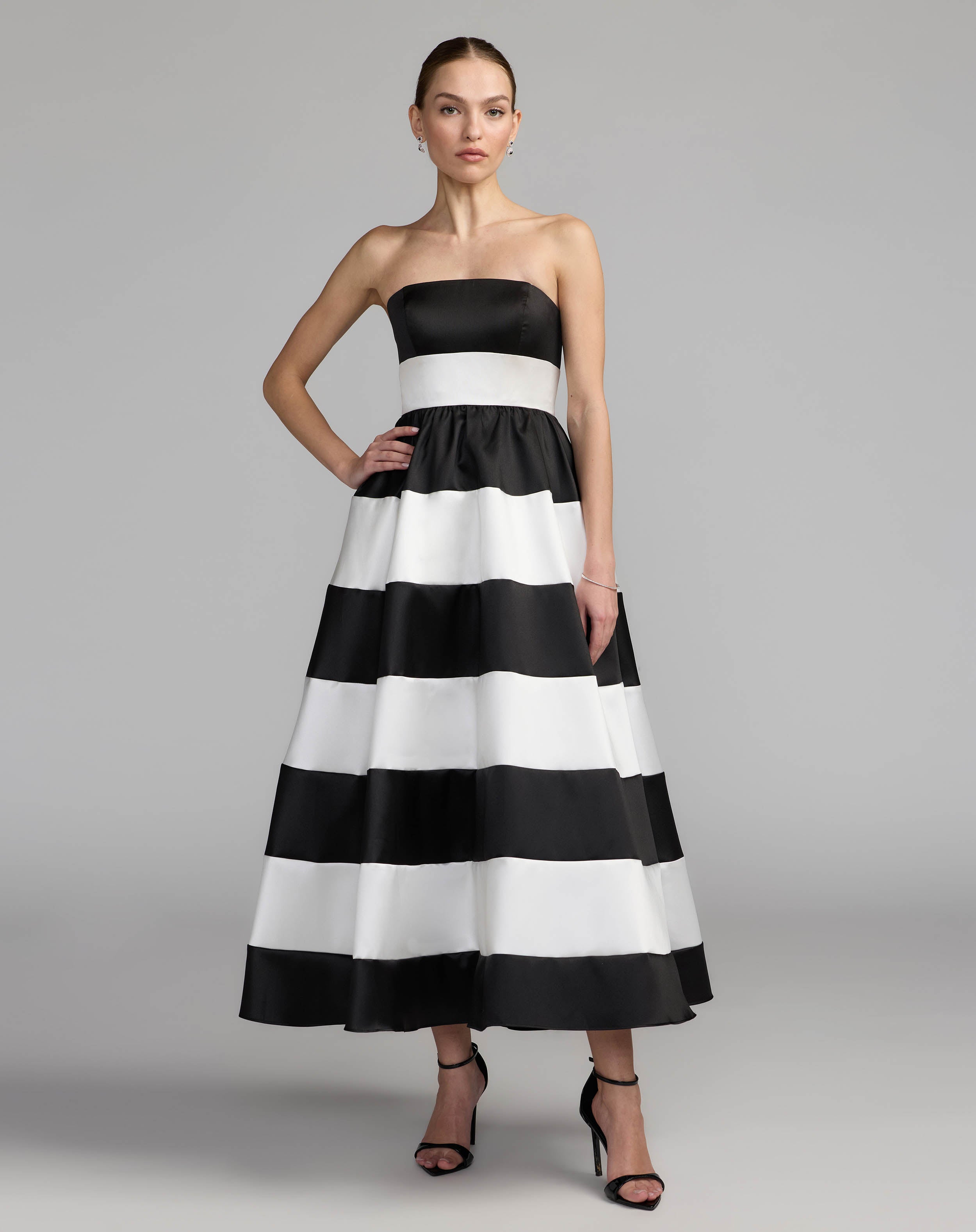 Black Ivory Striped Strapless Mikado Midi Dress