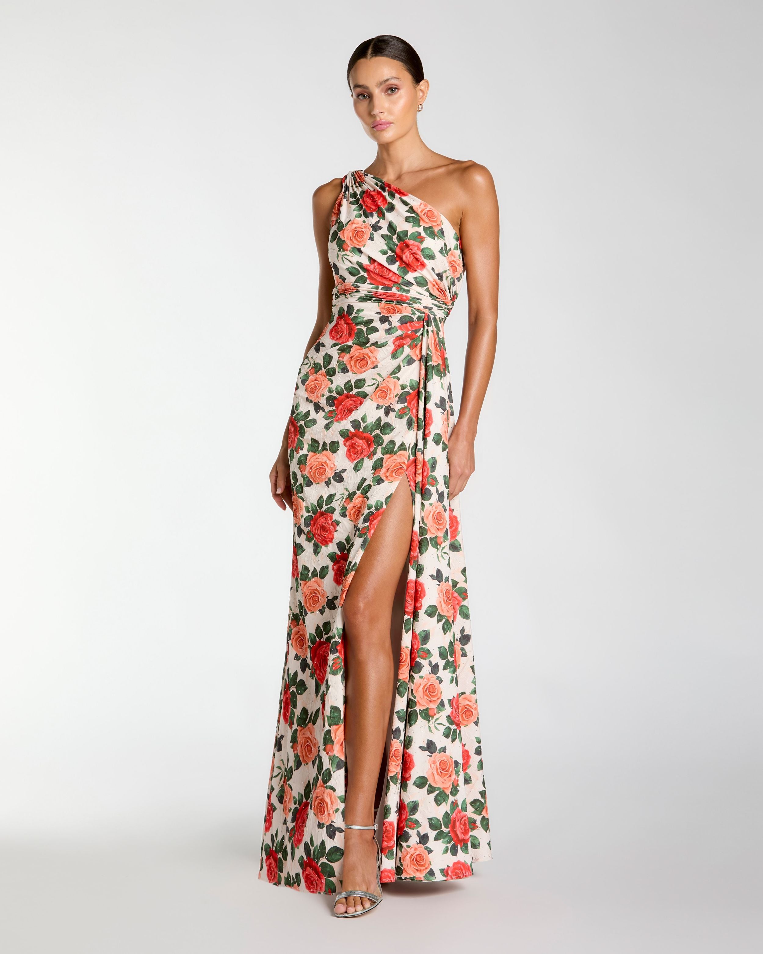 Multicolor Floral One Shoulder Slit Gown
