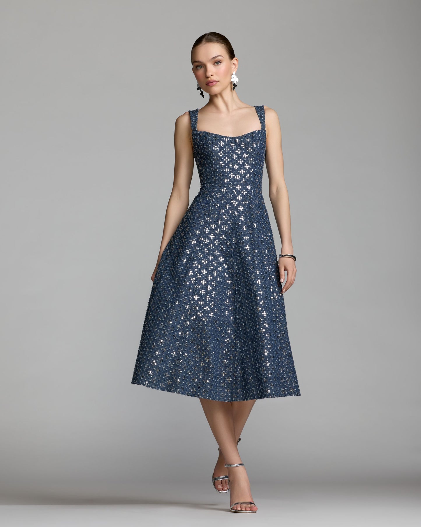 Blue Sleeveless Sequin Denim Midi Dress - Mac Duggal