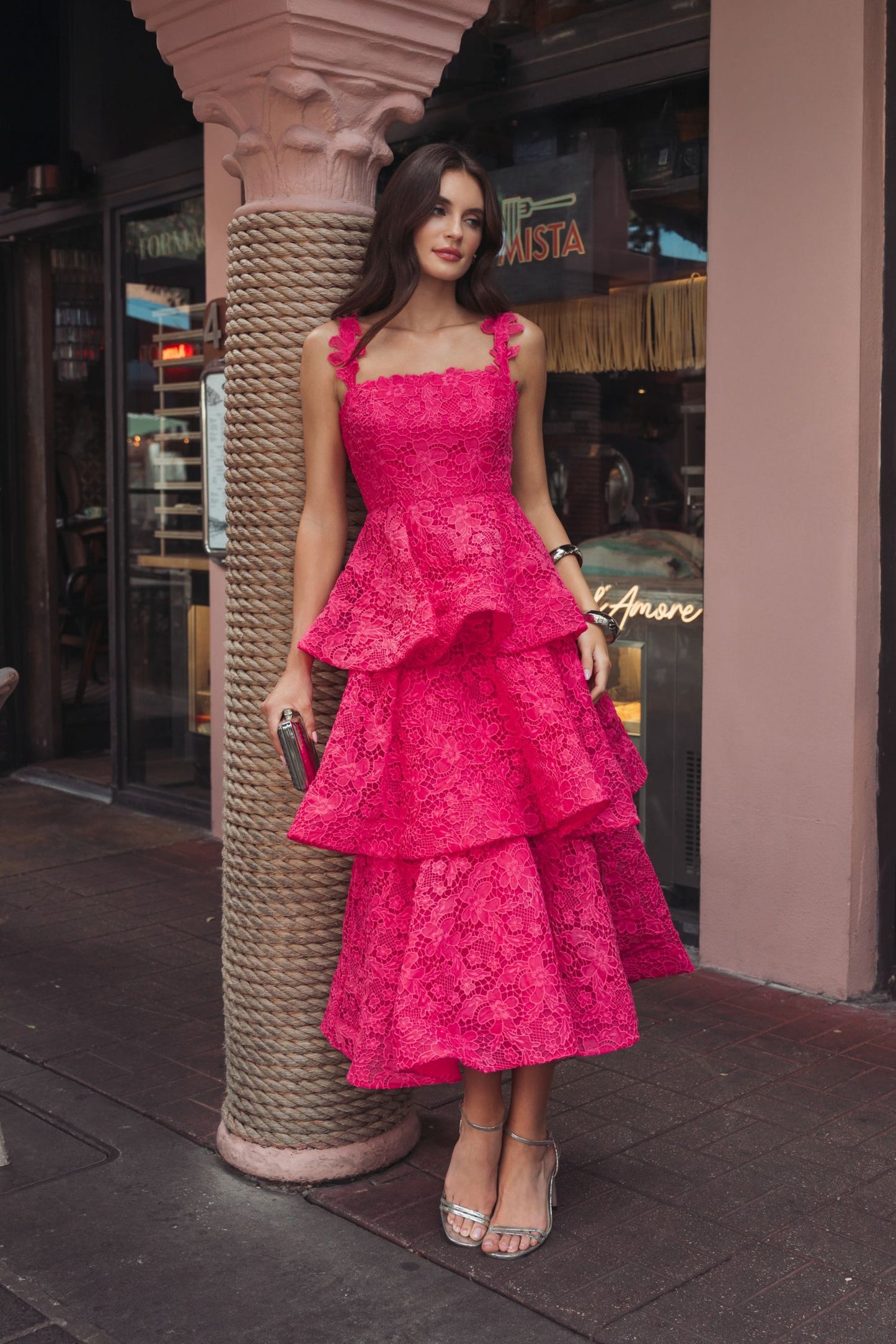 Pink Sleeveless Embroidered Lace Ruffle Midi Dress - Ieena for Mac Duggal