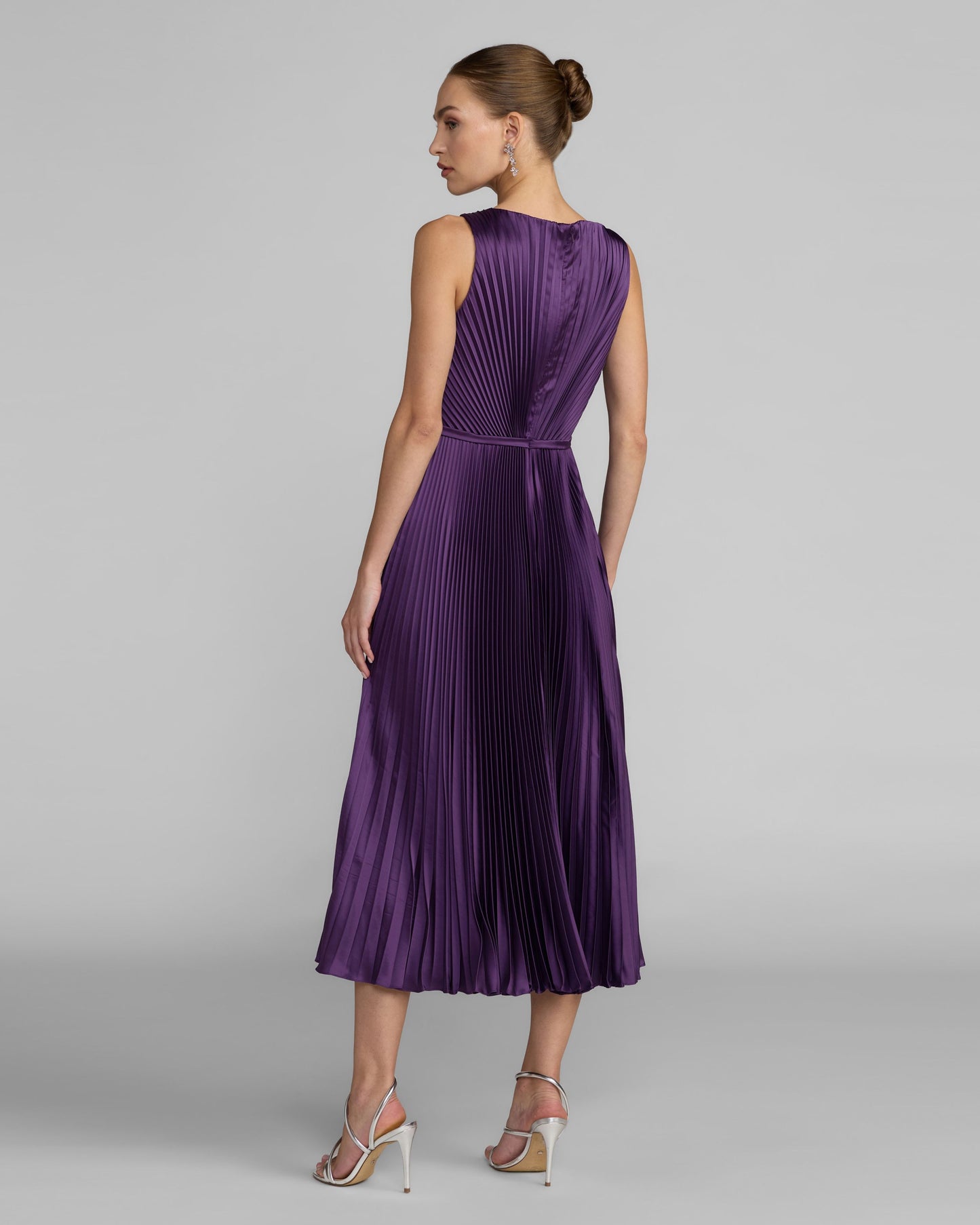 Purple Sleeveless High Neck Pleated Midi Dress ieena for Mac Duggal