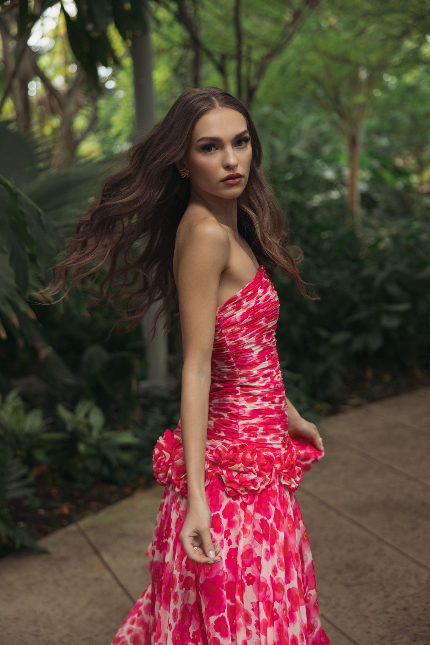 Pink Strapless Chiffon Ballgown with 3D Flowers Ieena for Mac Duggal