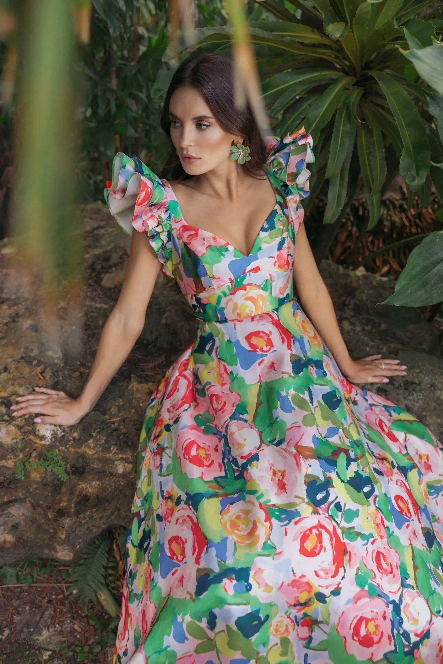 Multicolor Floral Ruffle Cap Sleeve Ball Gown Ieena for Mac Duggal