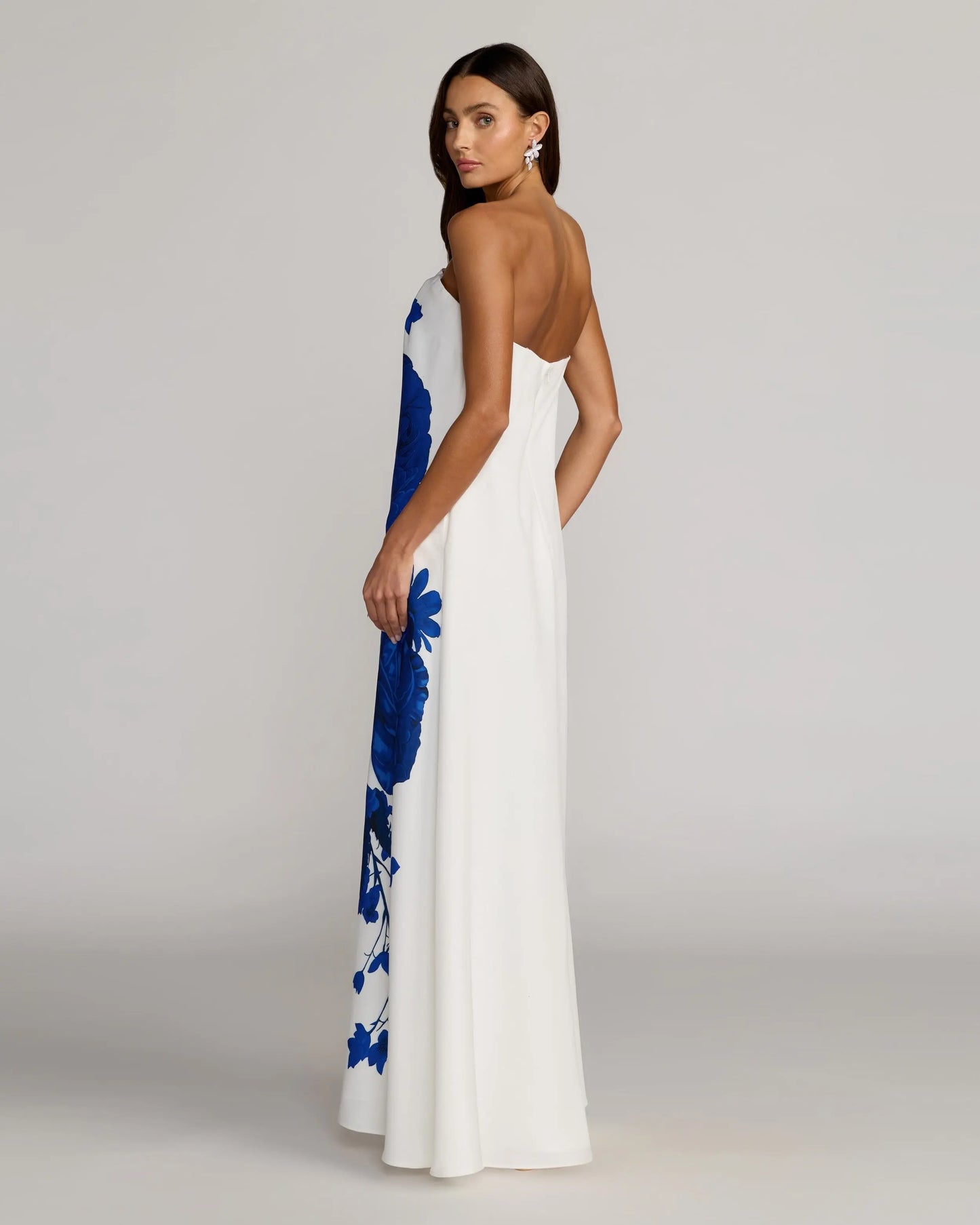 White Floral Printed Crepe Strapless Trapeze Gown Ieena for Mac Duggal