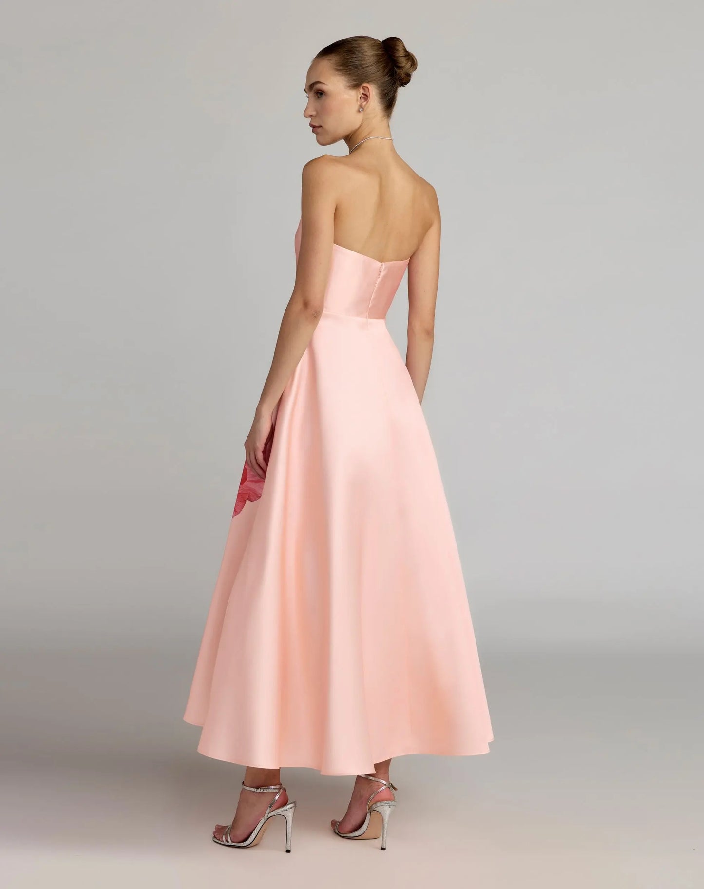 Pink Strapless A Line Midi Dress With Flower Print - Ieena for Mac Duggal