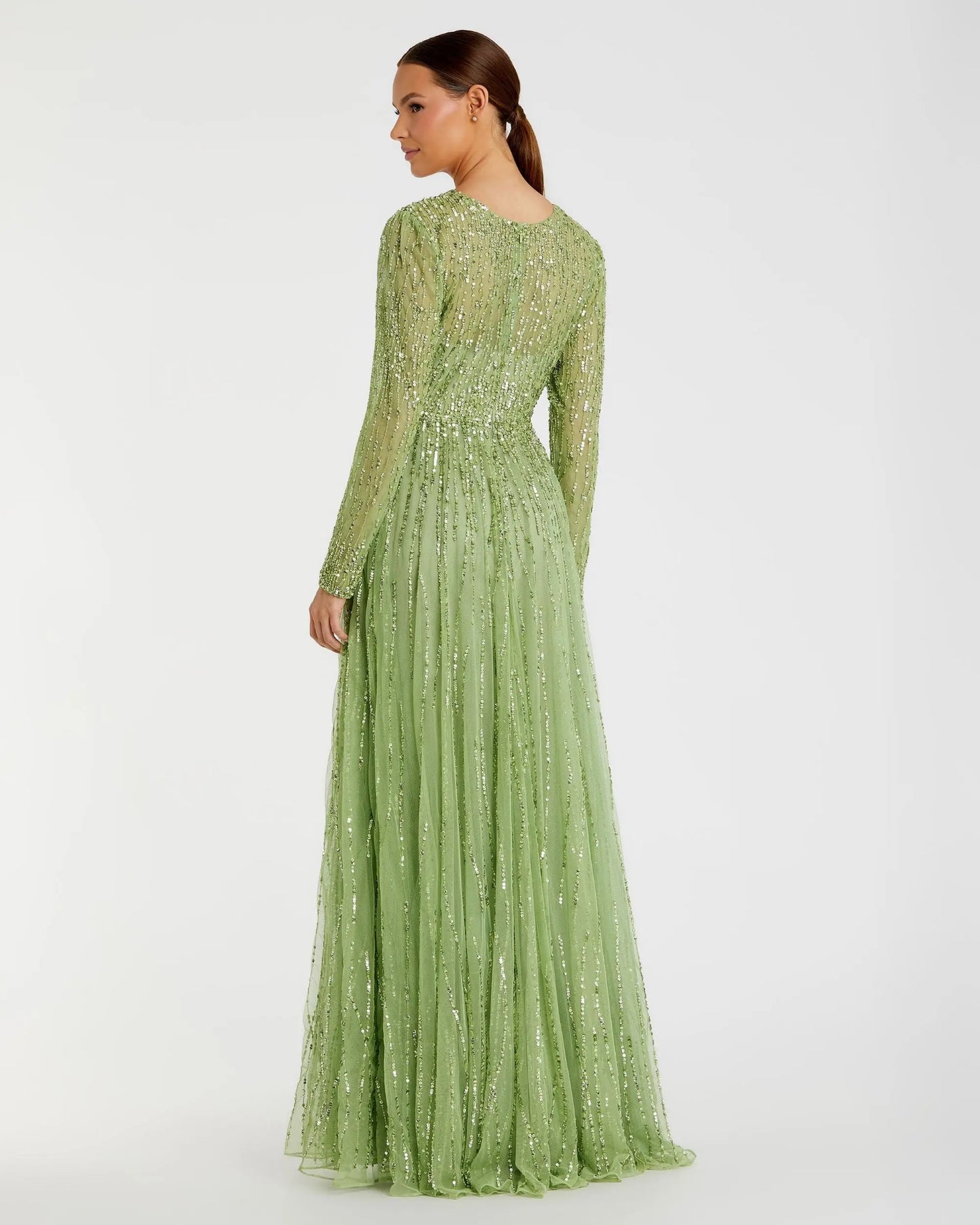 Green Illusion High Neck Long Sleeve Embellished Gown - Mac Duggal