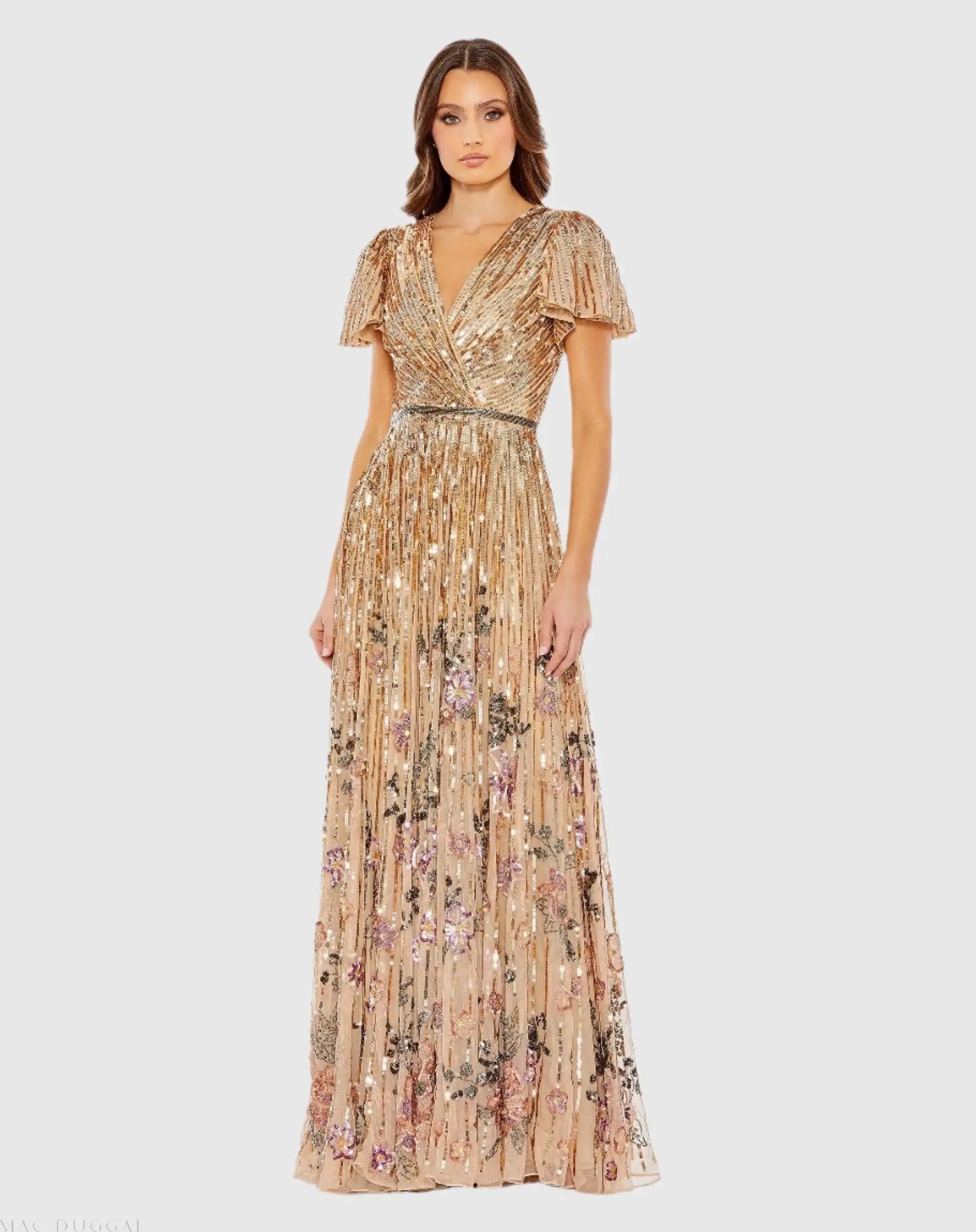 mac duggal flounce sleeve midi dress Flounce Sleeve V Neck Gown