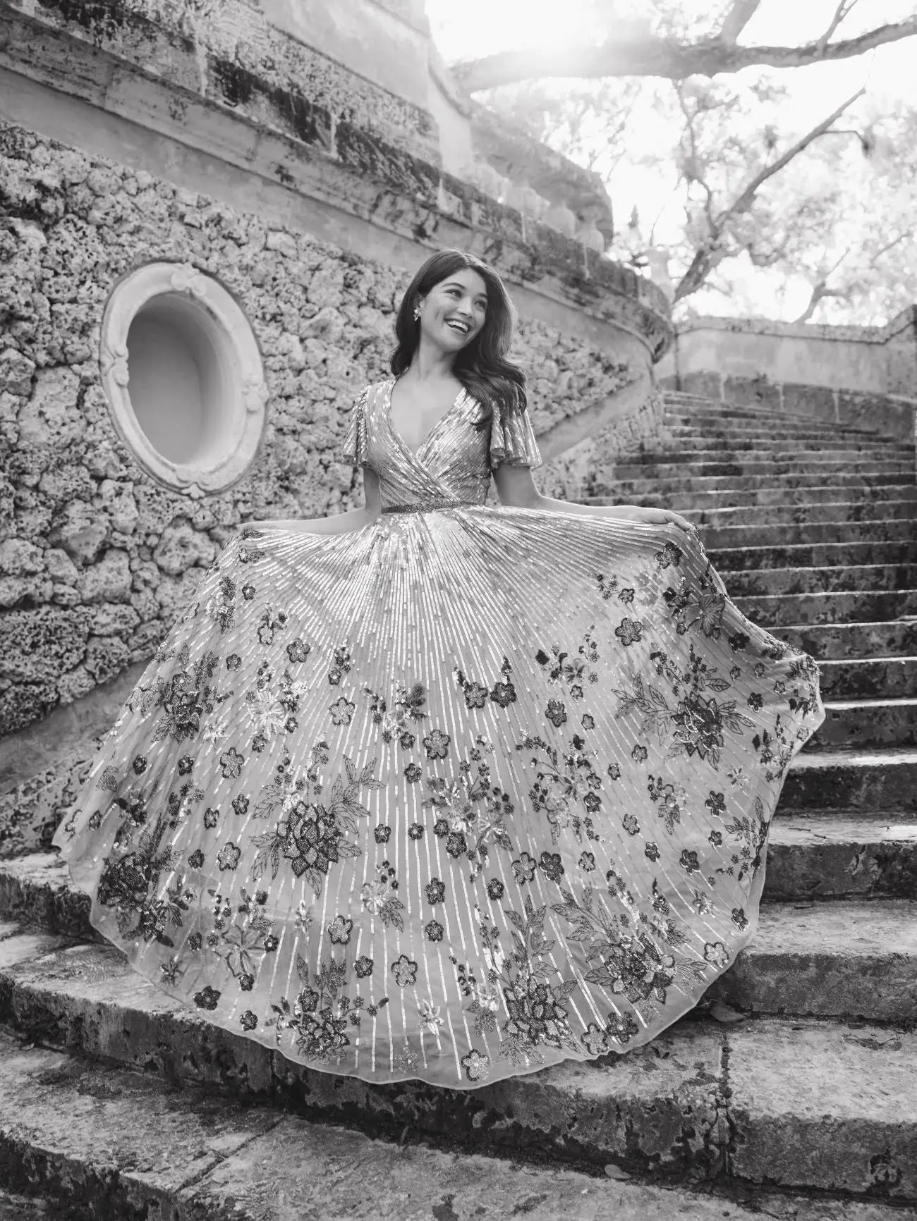 Purple Flounce Sleeve V Neck Gown - Mac Duggal