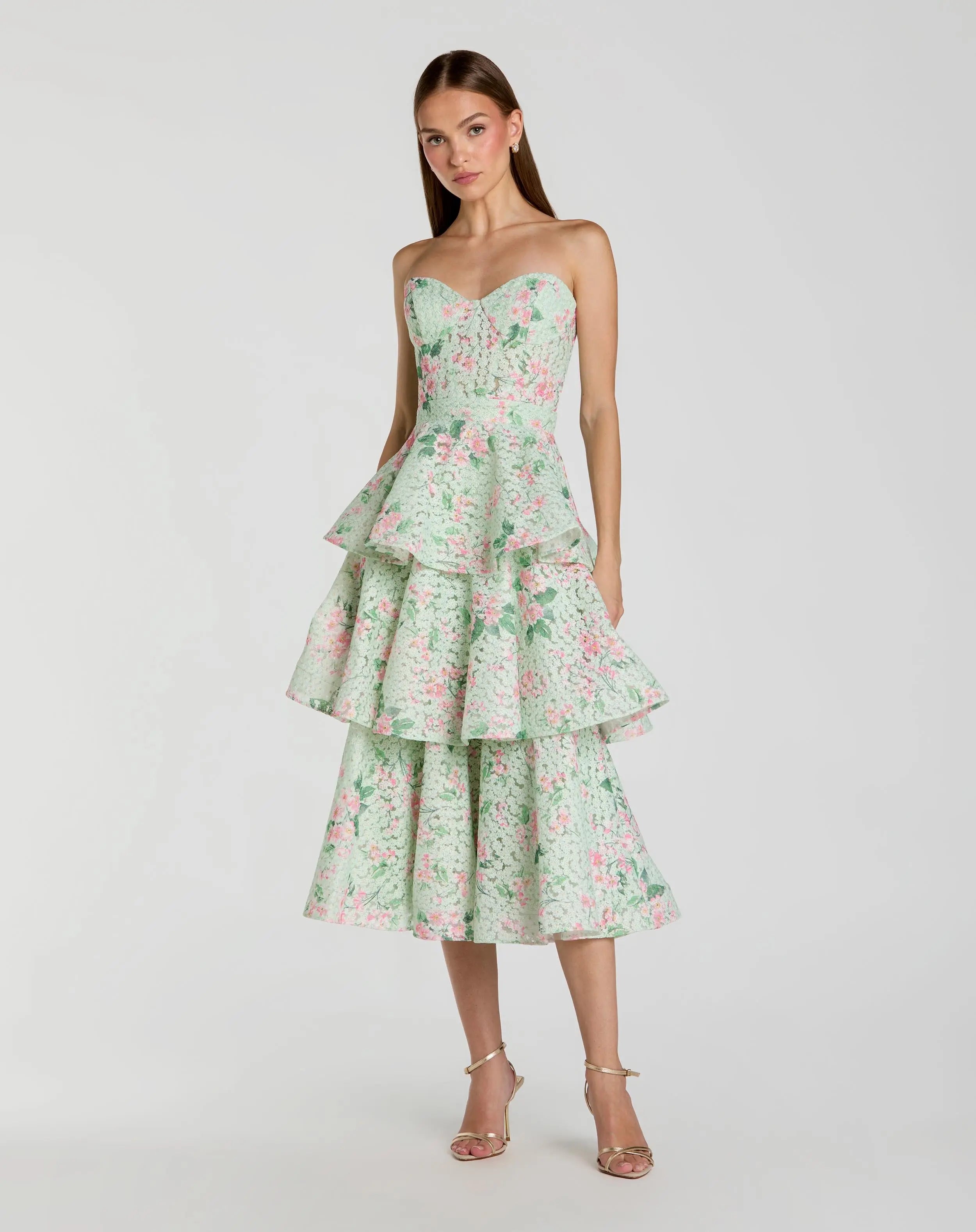 MAC DUGGAL Green Floral Tiered Strapless Midi Dress | Mac Duggal
