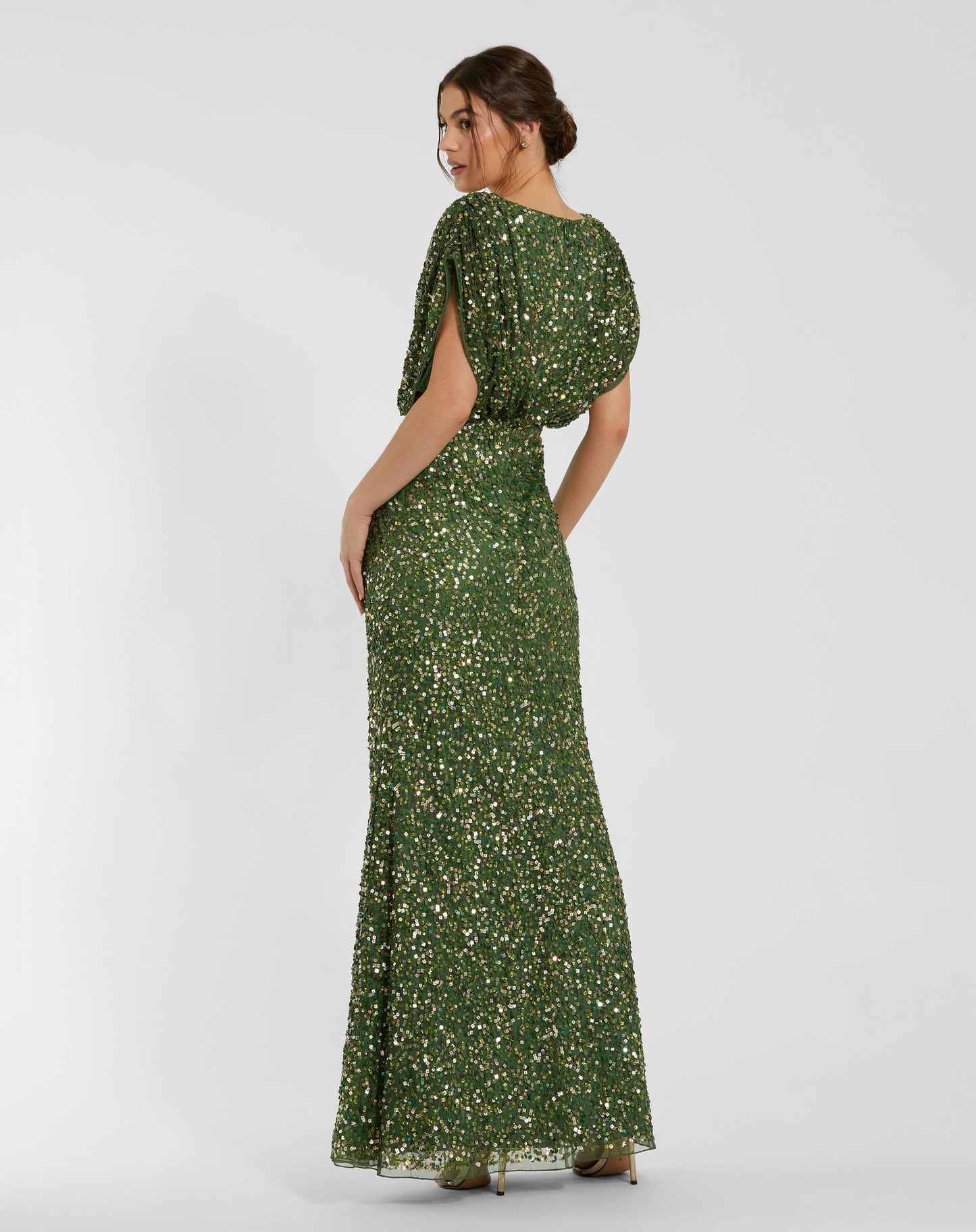 Dark Green Sequin Draped Sleeve V-Neck Gown - Mac Duggal