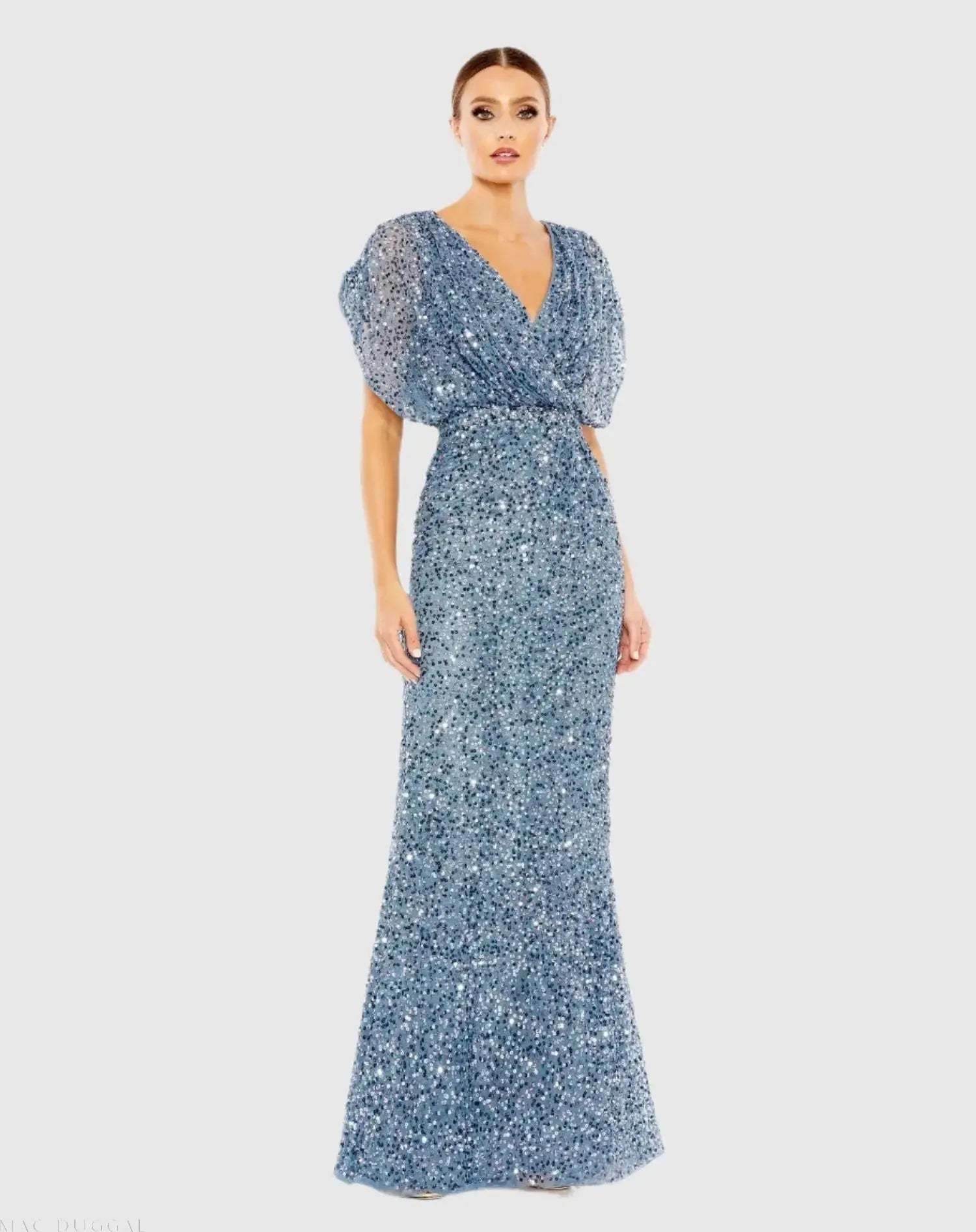 mac duggal blue sequin dress Blue Ombr Sequin Long Sleeve A-Line Gown